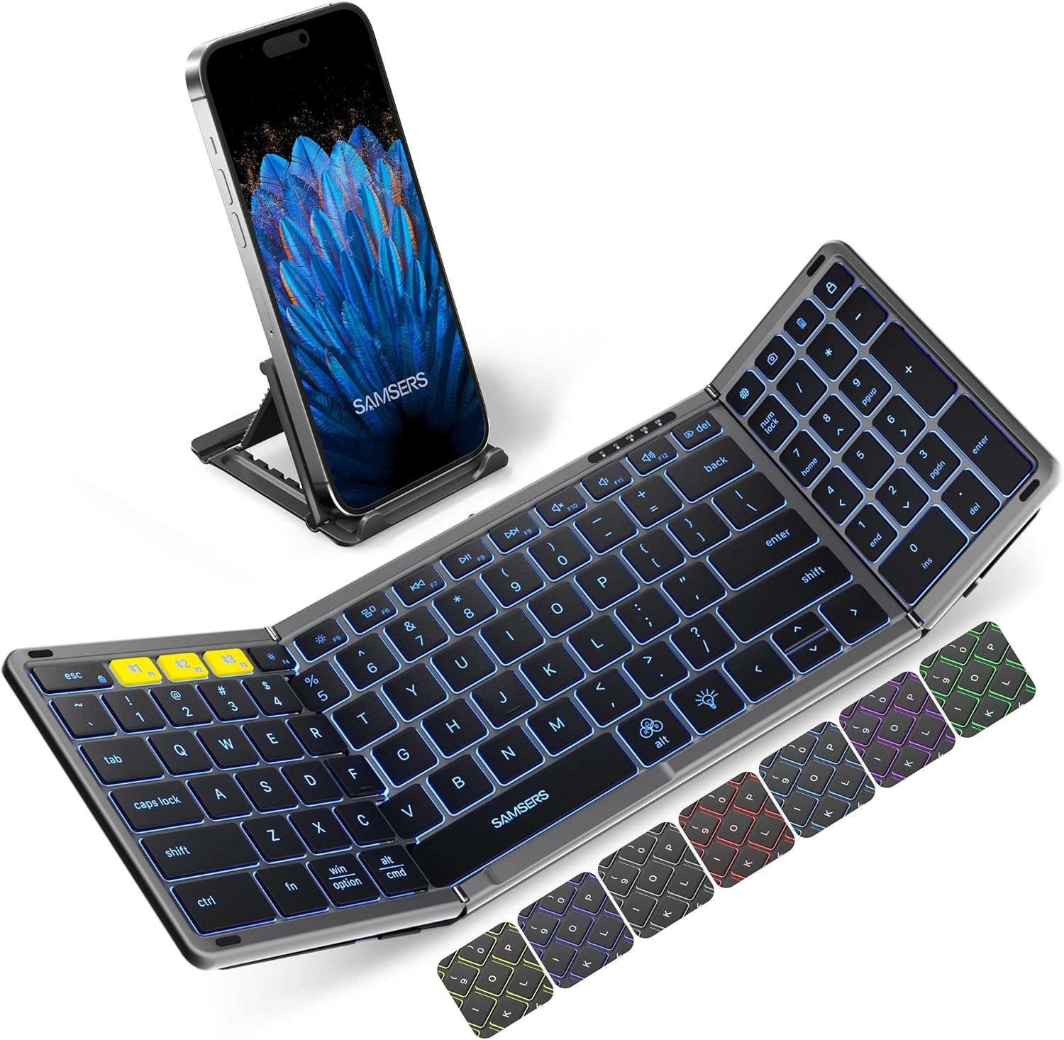Foldable Bluetooth Keyboard with Numeric Keypad, Samsers Full-Size Wireless Folding Keyboard with Backlight, Portable Travel Keyboards for iOS Android Windows Mac OS, Support 3 Device(BT5.1 x 3), Gray