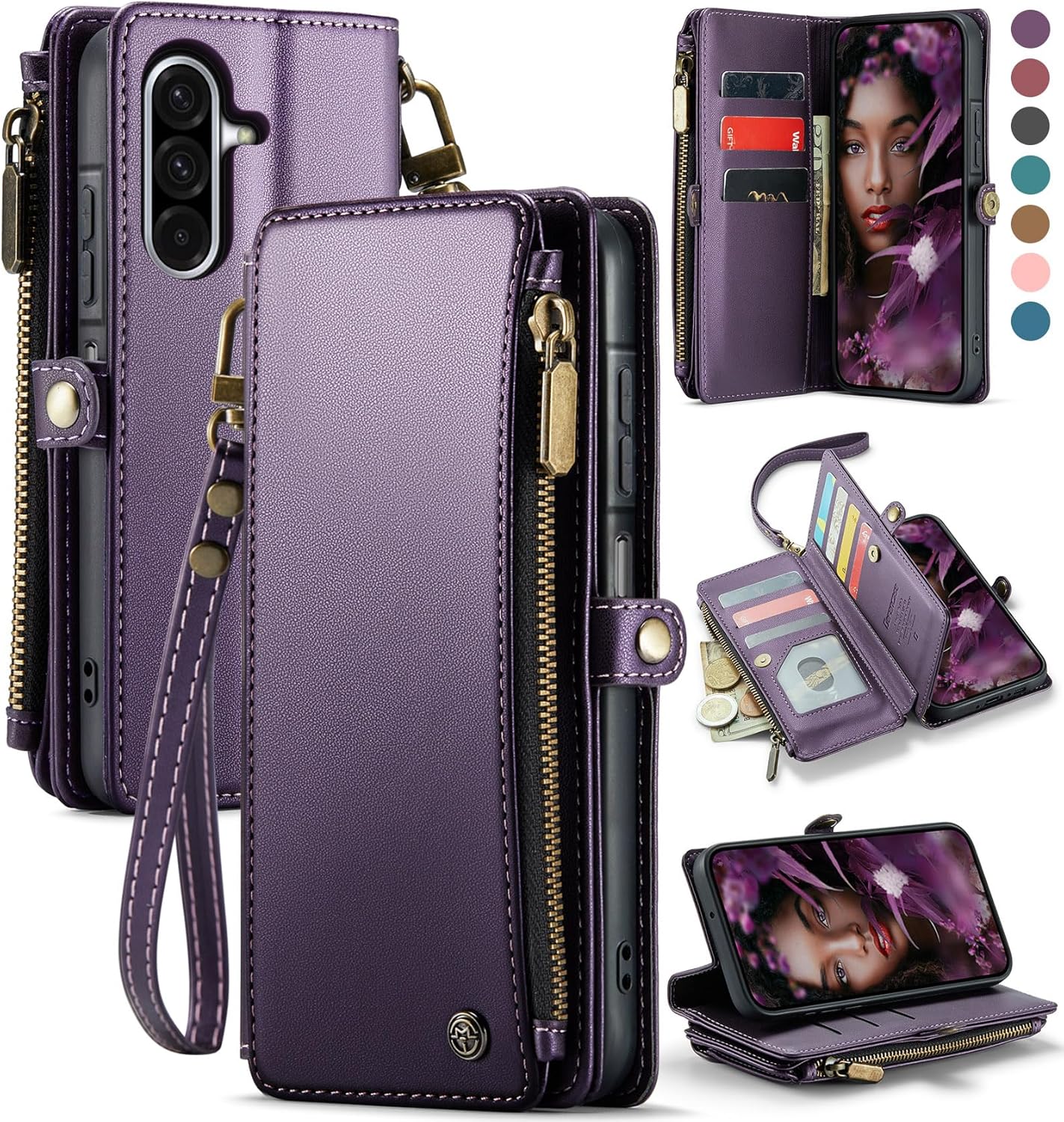 Defencase for Galaxy A26 5G Case Wallet with RFID Blocking Card Holder for Women Men, Fashion PU Leather Magnetic Snap Flip Zipper Wrist Strap Wallet Phone Case for Samsung Galaxy A26 5G, Purple