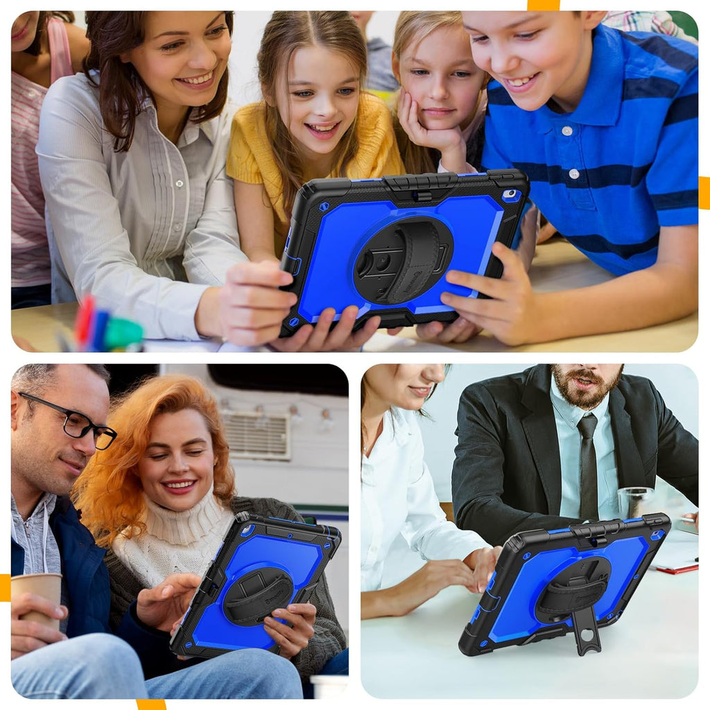 Timecity Case for iPad 9th/ 8th/ 7th Generation 10.2 inch - Heavy Duty Protective Cover with Screen Protector, Rotating Stand, Shoulder Strap & Pencil Holder | Kids-Friendly (Dark Blue)