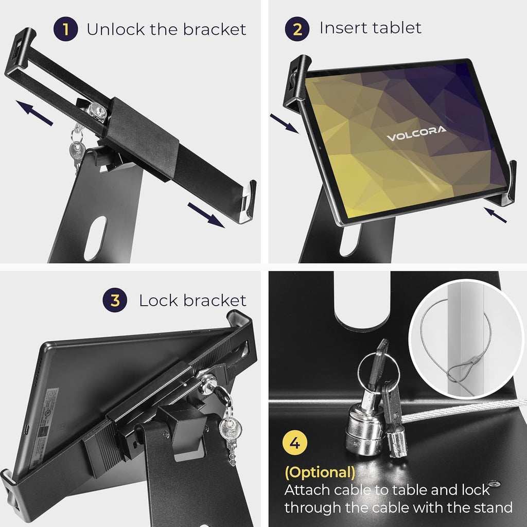 Volcora Anti-Theft Tablet Stand iPad Security Holder with Lock, Black 10-13 Inch Kiosk Stand Mount, Swivel, Adjustable, for iPad Pro, Air, POS Register, Retail Business, Checkout, Cashier