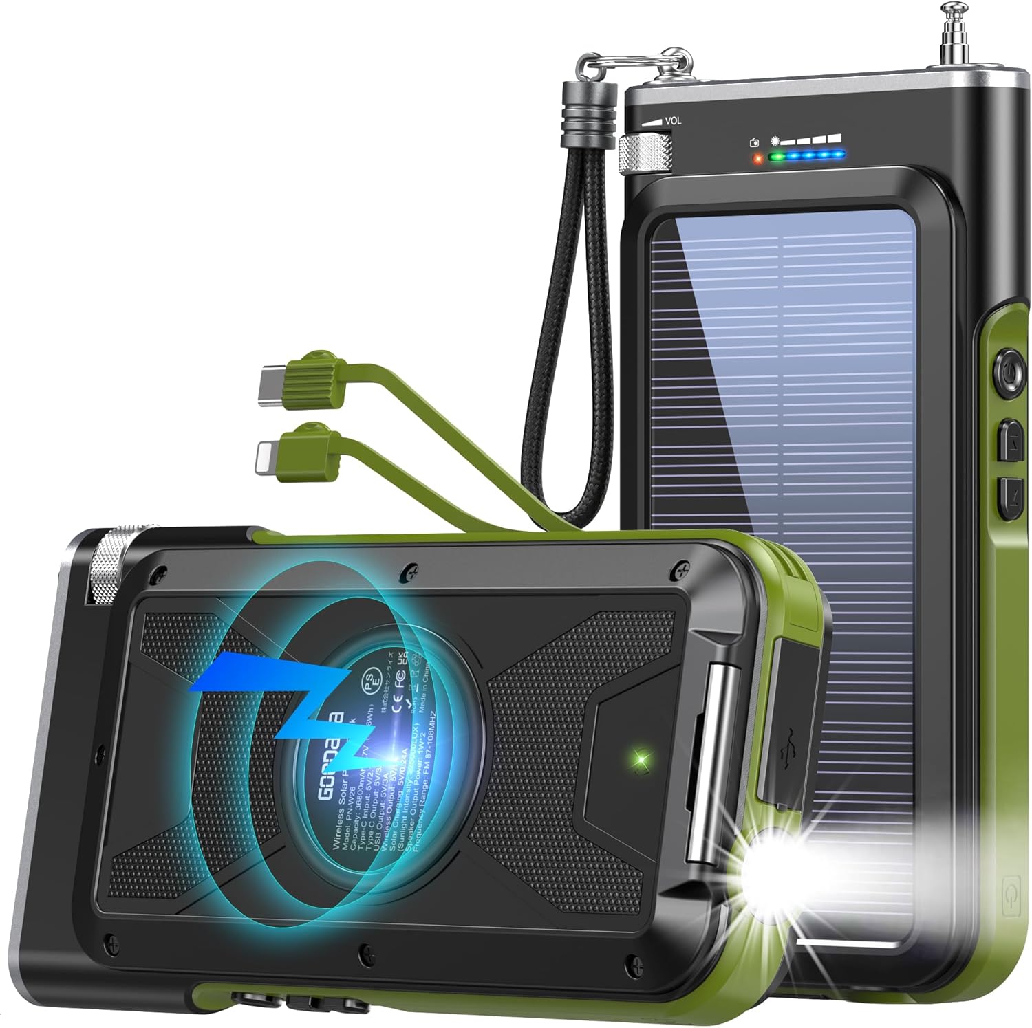 GOODaaa Solar Power Bank, 45800mAh Wireless Portable Charger Built-in Cables,15W Fast Charging Solar Charger, USB C in&Out and USB A Battery Pack for Outdoor with Emergency Radio,Flashlight