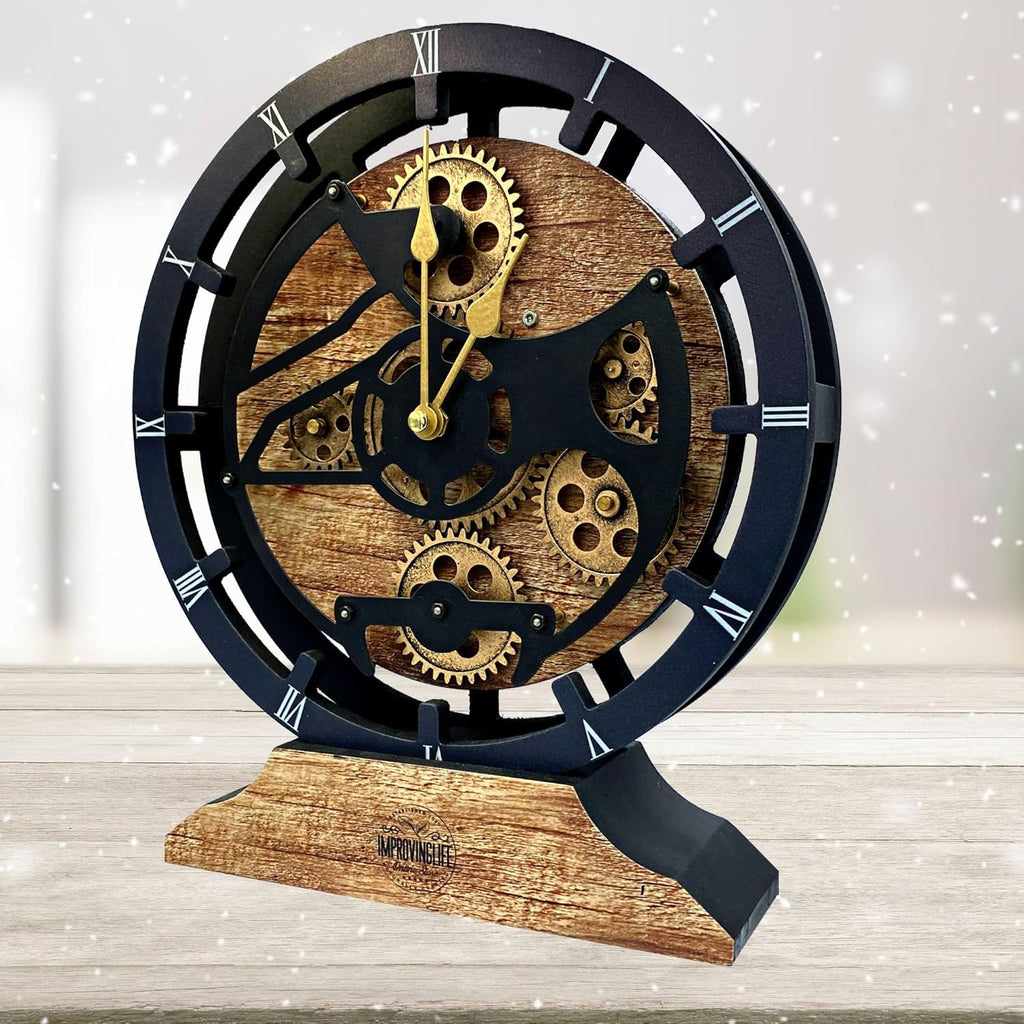 ImprovingLife The Gears Clock Desk Clock 10 inches with Real Moving Gears Convertible into Wall Clock (Vintage Brown)