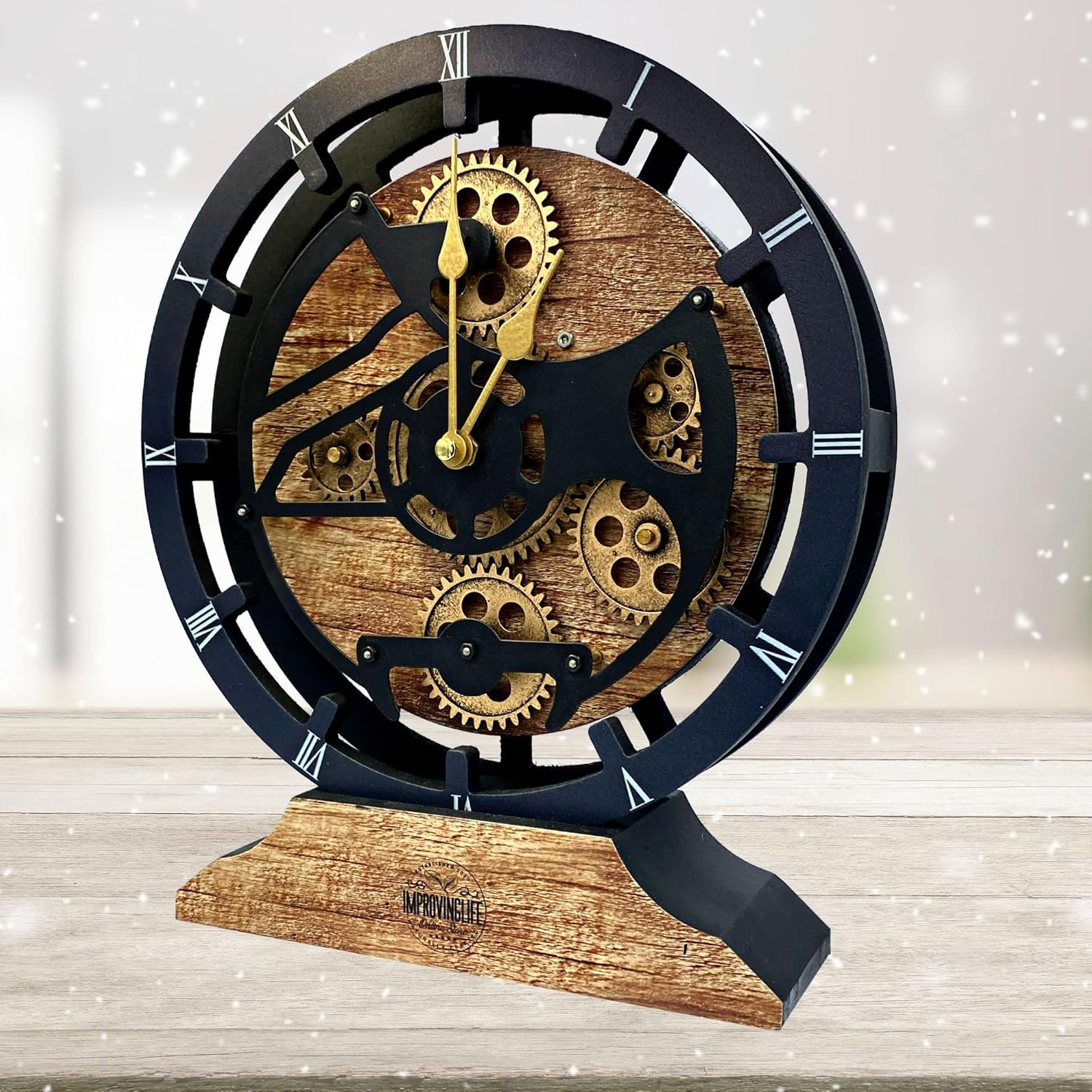 ImprovingLife The Gears Clock Desk Clock 10 inches with Real Moving Gears Convertible into Wall Clock (Vintage Brown)