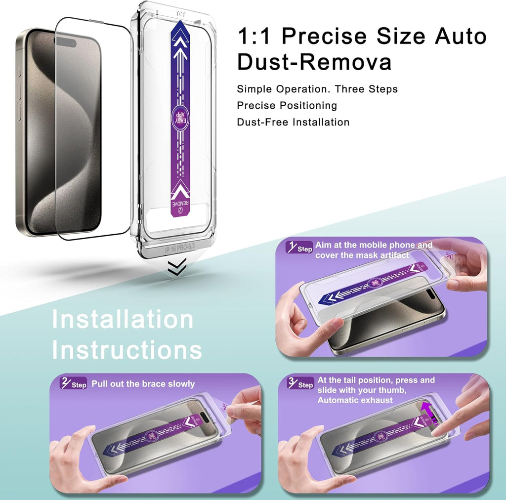 2 Pack Screen Protector Tempered Glass for iPhone 16 Pro 6.3-Inch Auto Dust Removal, No Bubbles, High Definition Clear, Easy Installation