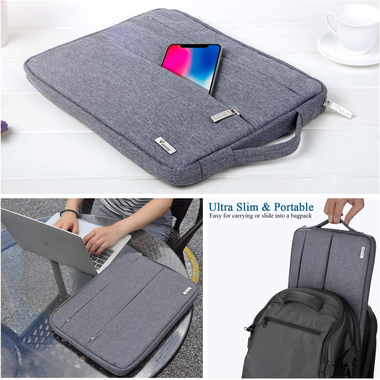Voova Laptop Sleeve Carrying Case 15.6 16 Inch,Slim Computer Cover Bag Compatible with MacBook Pro 15/16, Dell xps 15,15-16 Inch HP Dell Asus Acer Laptop, Grey