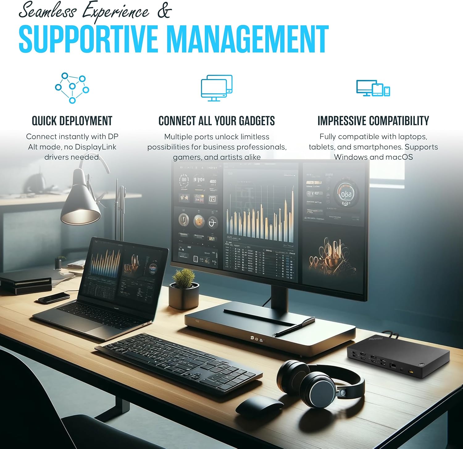40AF0135US Lenovo Docking Station Dual Monitor Hybrid USB-C with USB-A, 135W, HDMI & DisplayPort Cable