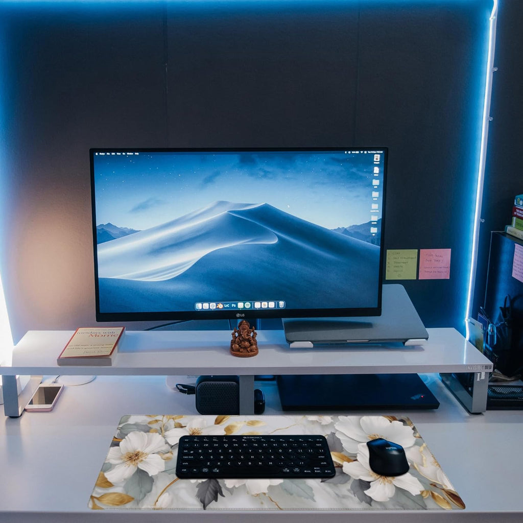 Desk Mat,White Gold Marble Desk Pad,White Flowers Golden Leaves Large Gaming Mouse Pad for Desk,Extended Big Computer Keyboard Mouse Pad with Non-Slip Base and Stitched Edge,31.5"x11.8"