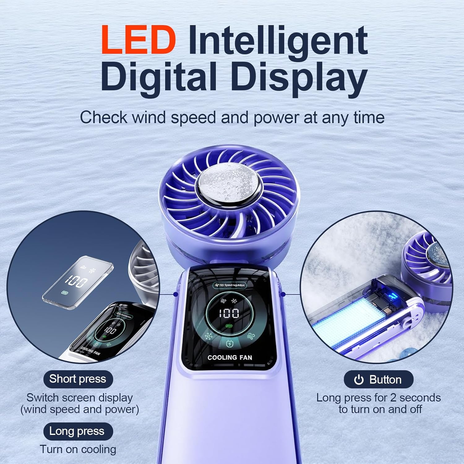 Blows Cold Air Portable Handheld Fan with Stand & Lanyard, 5000mAh USB-C Rechargeable Battery, 12H/5-Speed LED Display Mini Fan for Travel Beach Cruise Concerts Outdoor Events(Fantasy Purple)