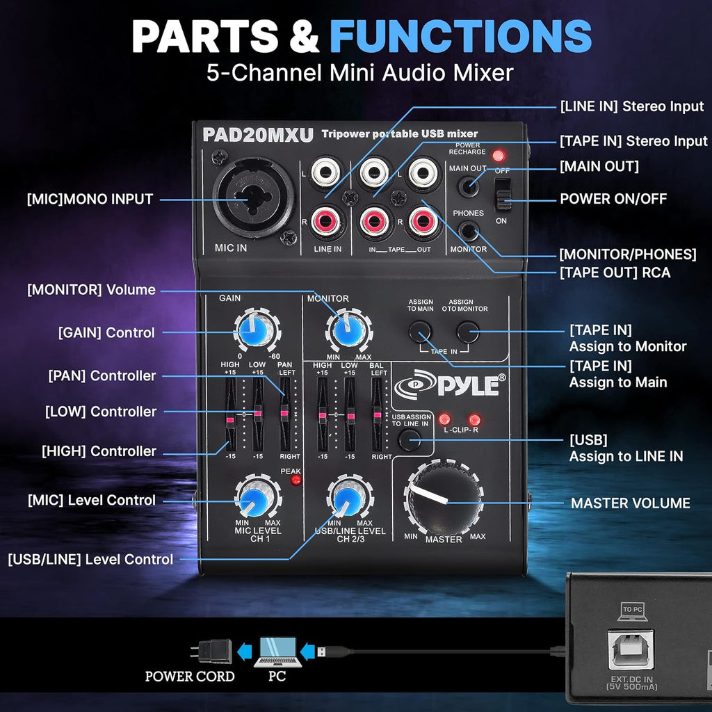 Pyle 5-Channel Professional Audio Mixer DJ Sound Board – Compact Music Mixer with USB Interface, EQ Controls, XLR Mic Input, 18V Phantom Power, Rechargeable Battery – USB/Line/Master Controls