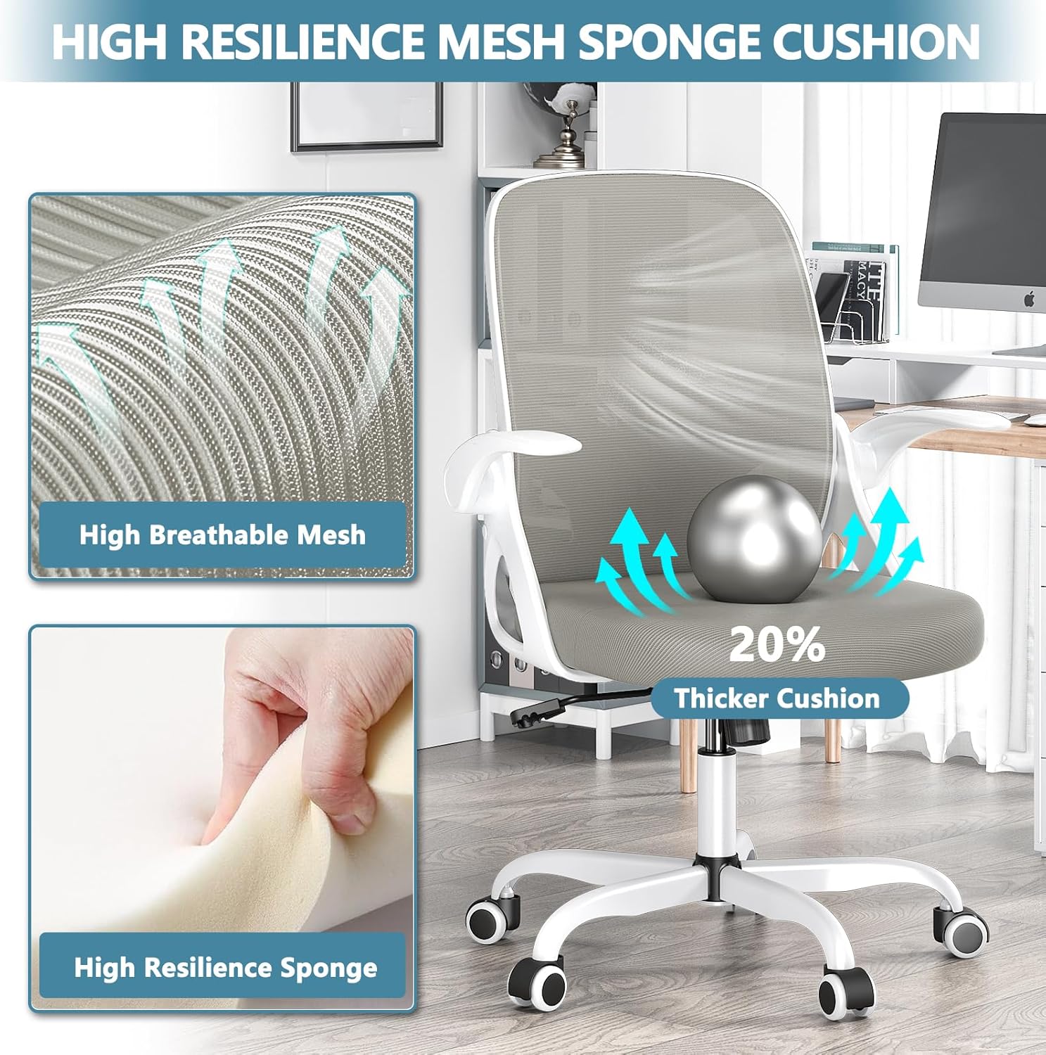 Home Desk Chair with Back Supportive Lumbar Support, Breathable Double Mesh Cushion Home Desk Office Chair with Flip up Arms, Modern Ergonomic Home Office Chair for Work(Gray)