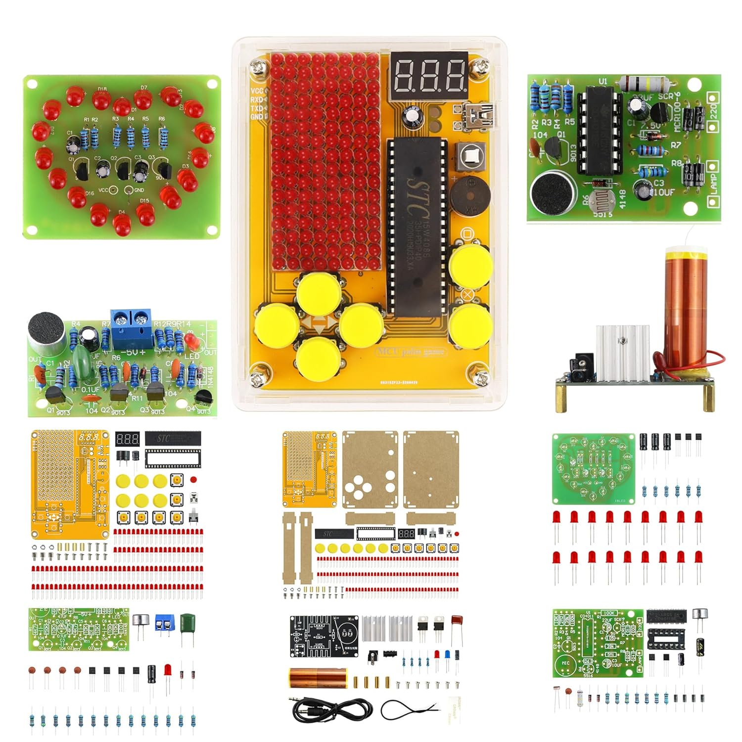 Soldering Practice Kit 5in1 DIY Classic Game Music Tesla Coil Audio-Light Control Red Heart-Shaped Clapping Sound Control Kit Plug-in Circuit Kit Learn Soldering Kit for Beginners (5IN107)