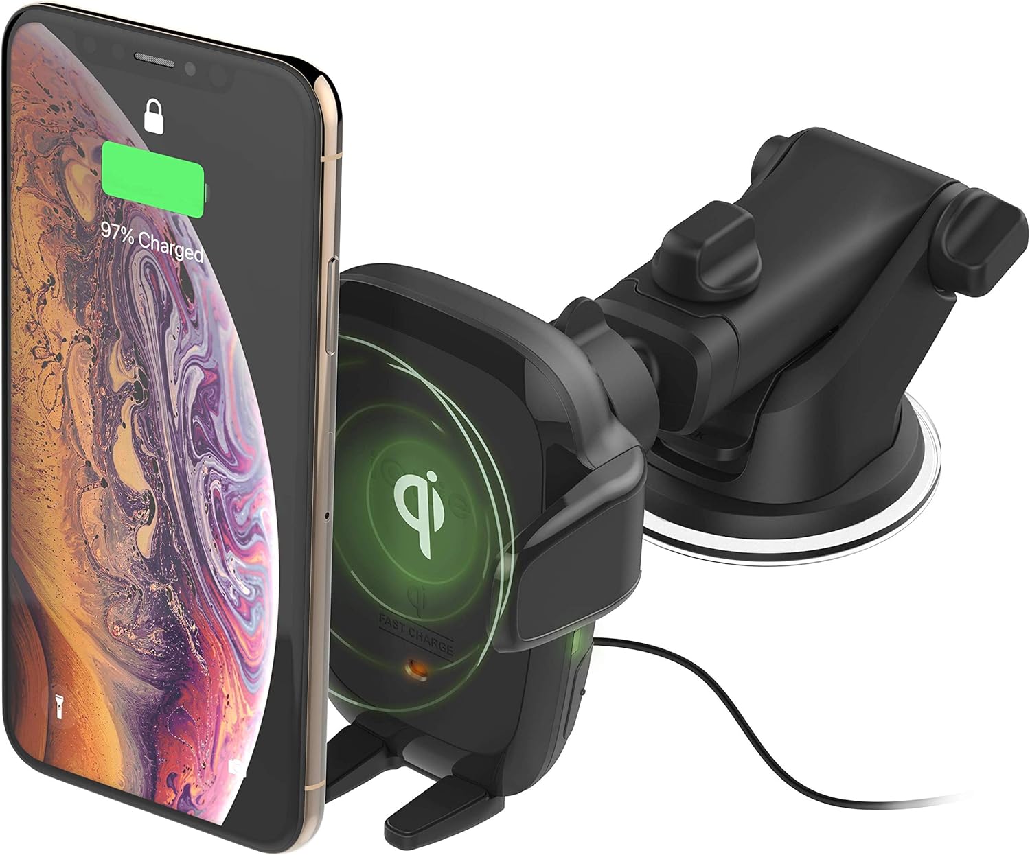 iOttie Auto Sense Qi Wireless Car Charger - Automatic Clamping Dashboard Phone Mount with Wireless Charging for Google Pixel, iPhone, Samsung Galaxy, Huawei, LG, and other Smartphones.