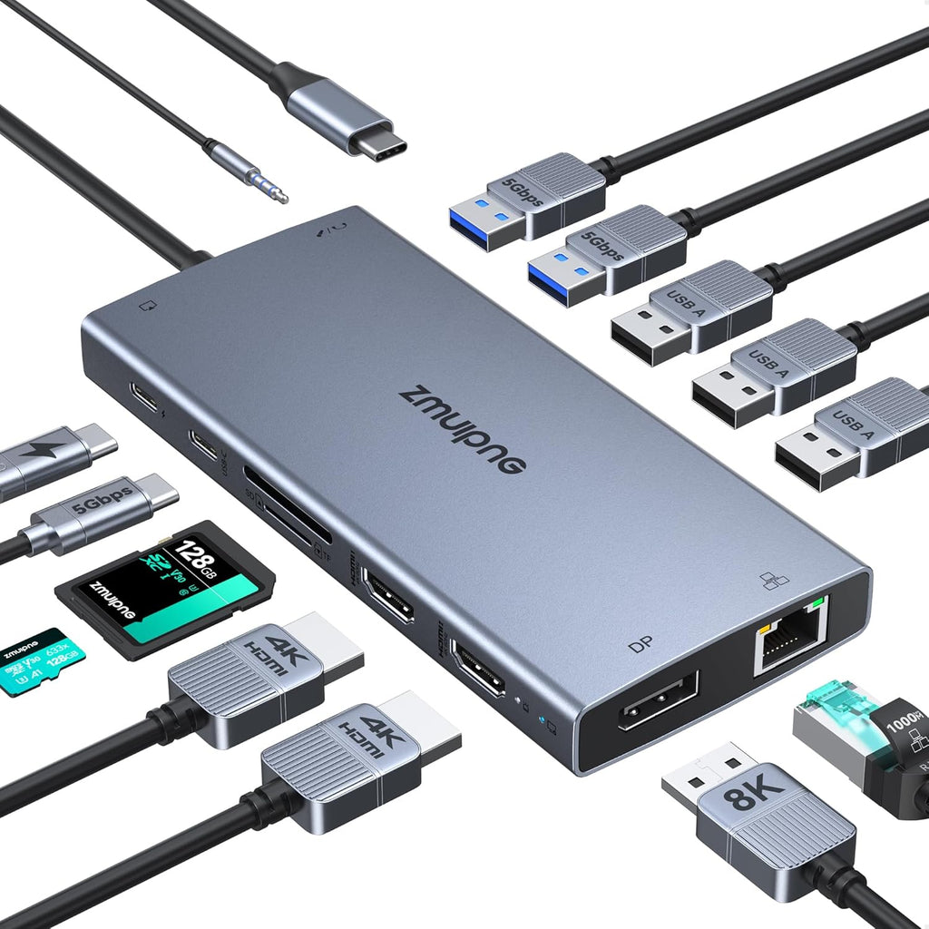 USB C Laptop Docking Station with 2 HDMI 4K@60Hz+DP 8K@30Hz for Dell HP Thinkpad Surface, 15 in 1 USB C Hub Triple Display Multiple Adapter, Dongle with USB A Port+Button+PD+Ethernet+SD/TF+Audio