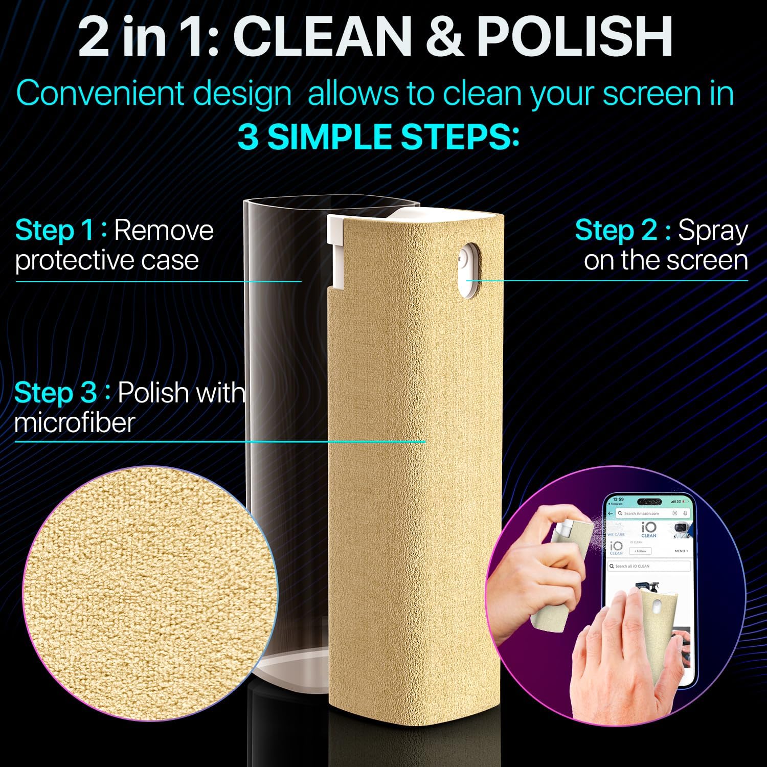 Mini Screen Cleaner Spray – Finger Proof Screen Cleaner for Smartphones, iPads, MacBooks, Laptops, Car Screens, Touchscreens – 3in1 Mist Cleaner, Microfiber Cloth and Protective Cover -Purple