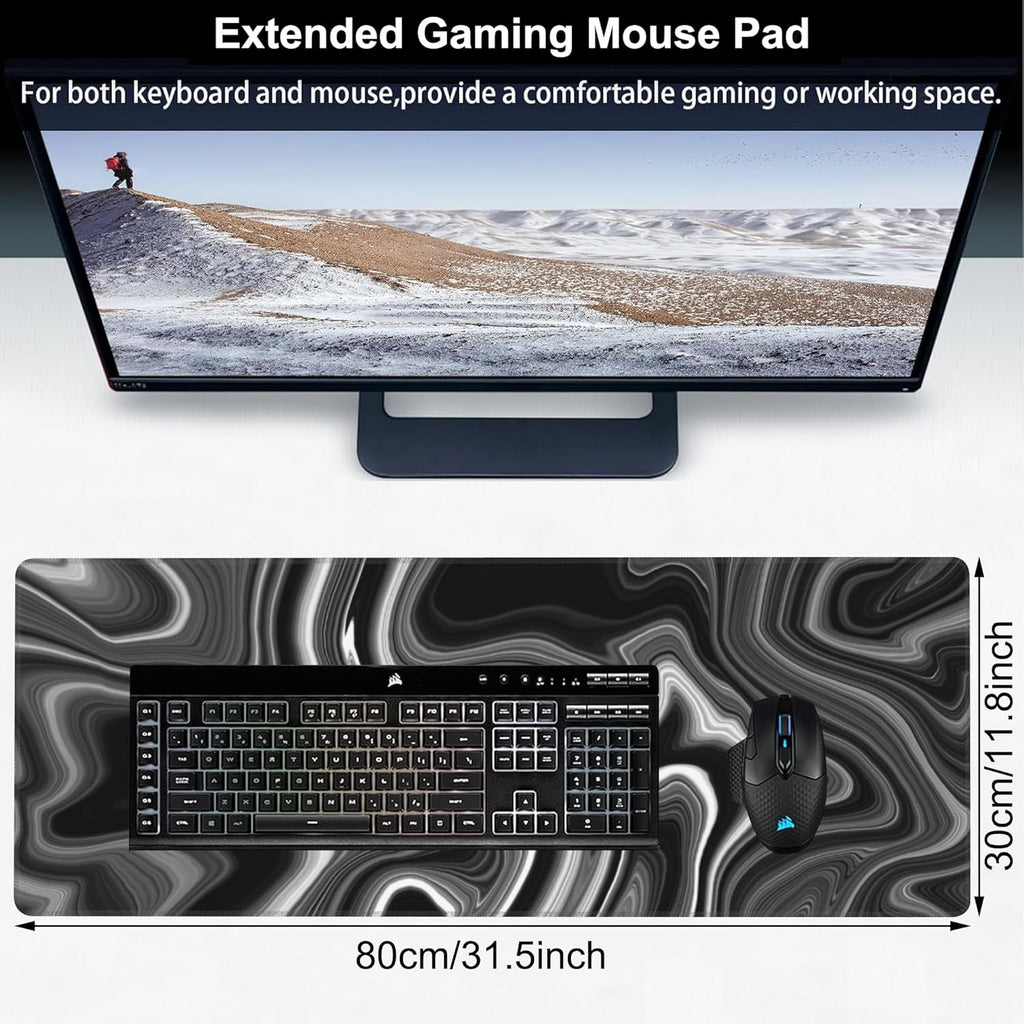 Black and White Marble Desk Mat,Large Marble Ink Texture Gaming Keyboard Mouse Pad,Non-Slip Rubber Base Desk Pad Thick Stitched Edges Waterproof Mousepad Mouse Mat 31.5"x11.8"