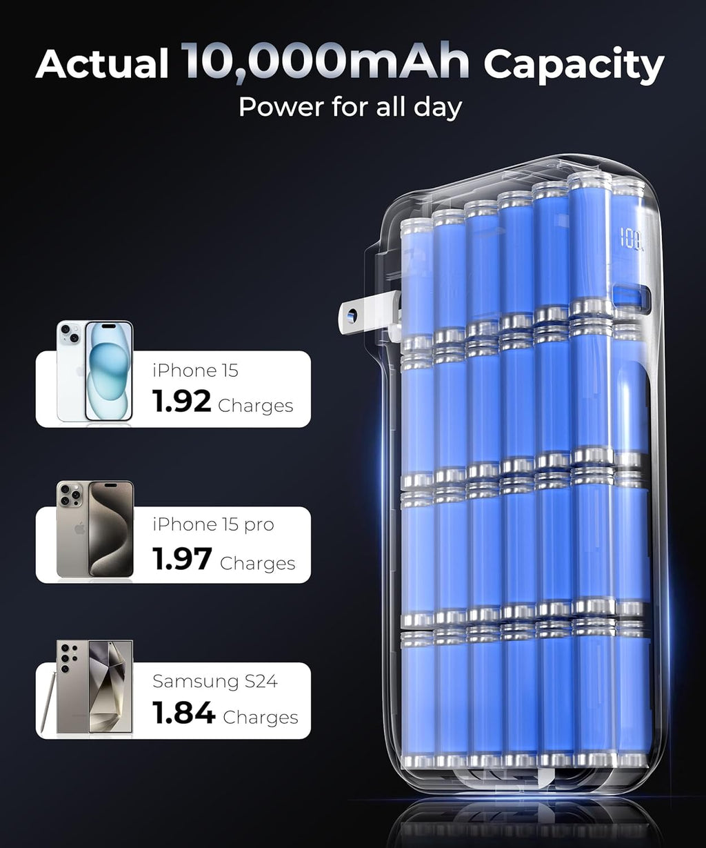 1 Pack Portable Charger with Built-in USB-C Cable & Plug, 10,000mAh 5V/4.5A Power Bank Fast Charging 22.5W, Travel Essential Battery Pack 3 Output for iPhone 16/15 Series, Samsung Galaxy, iPad