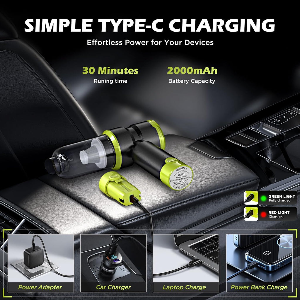 Handheld Car Vacuum with 15000PA Power, 4 in 1 Small Powerful Cordless Vacuum Cleaner & Air Duster with 2000mAh Battery, Rechargeable Portable Mini Hand Held Vacuum for Car,Home,Office,Pet Hair（Green）
