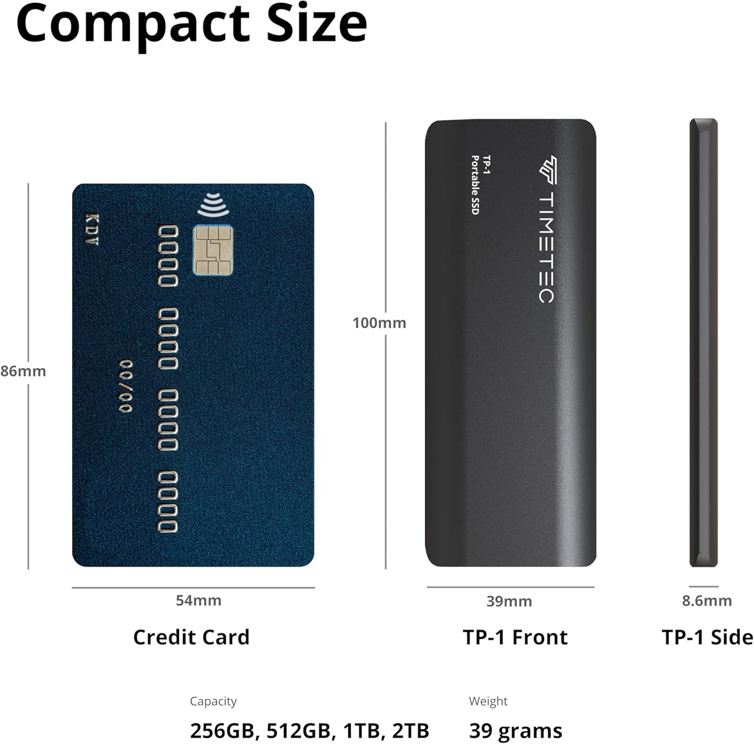 Timetec 1TB Portable External SSD USB3.2 Gen2 Type C Up to 550MB/s Ultra-Light Aluminum Mini External Solid State Drive with USB C to A Cable/USB A to C Adapter for Desktops/Laptop/Mac/Mobile - Black