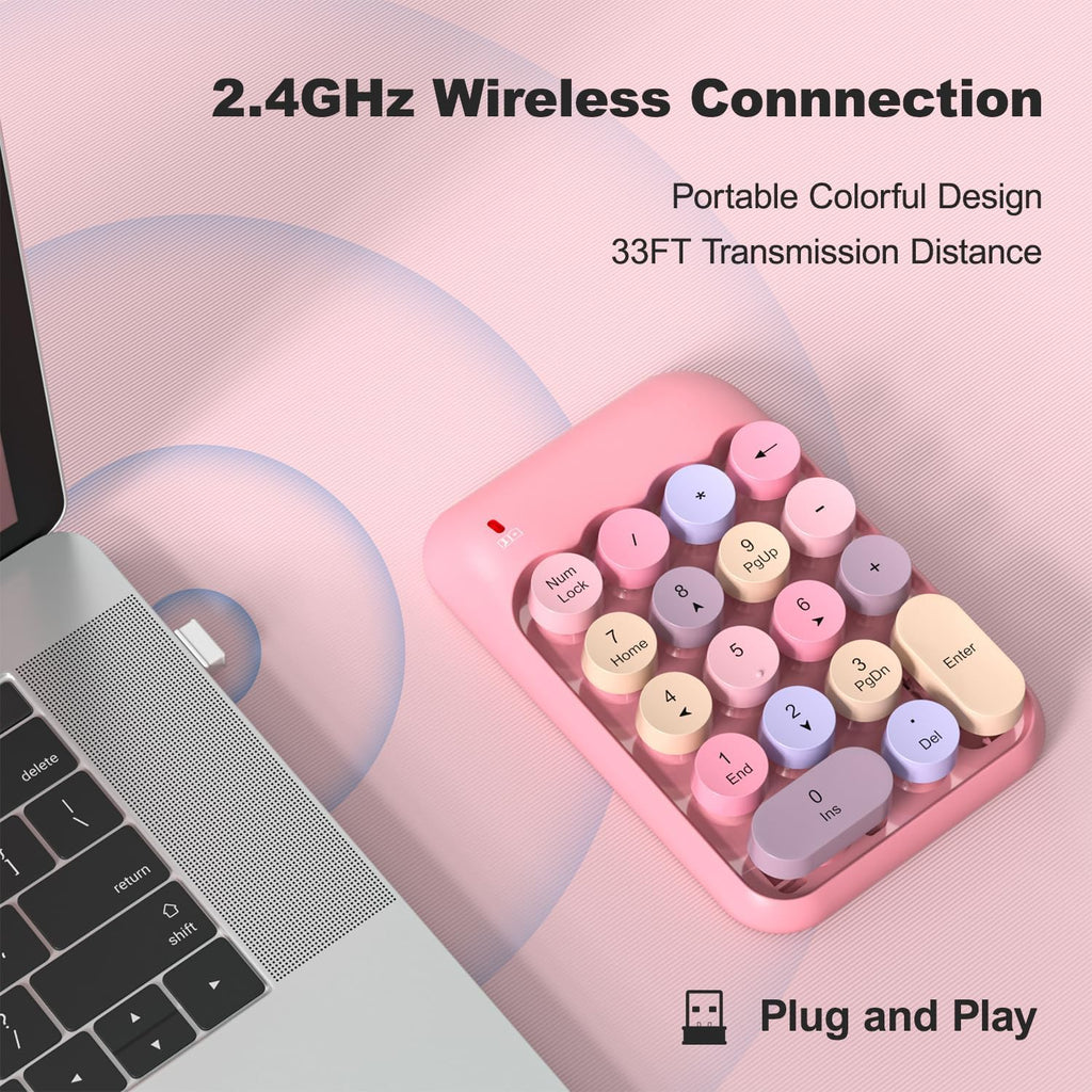 MOFII Wireless Number Pads - Pink Numeric Keypad 18 Keys USB 2.4G Round Keycap Colorful Extensions Keypads, Financial Accounting Portable Numpad 10 Key for Laptop/PC/Notebook/Surface Pro
