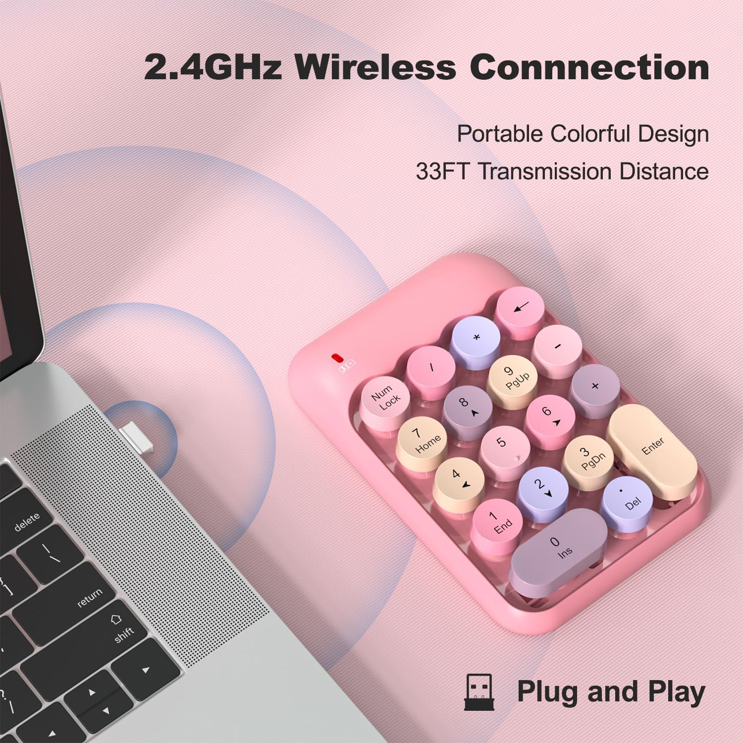 MOFII Wireless Number Pads - Pink Numeric Keypad 18 Keys USB 2.4G Round Keycap Colorful Extensions Keypads, Financial Accounting Portable Numpad 10 Key for Laptop/PC/Notebook/Surface Pro