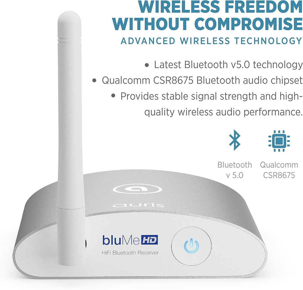Auris Blume HD Long Range Bluetooth 5.3 Music Receiver Hi-Fi Audio Adapter with Audiophile DAC, LDAC & AptX HD for Home Stereo, AV Receiver or Amplifier