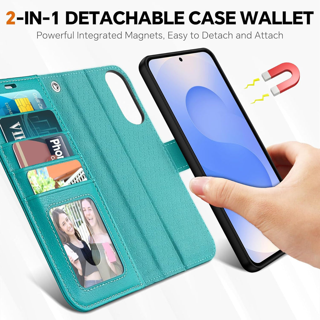 TUCCH Case for Galaxy S25 Edge, Detachable Wallet with RFID Blocking 4 Card Holder, Wireless Charging Wrist Strap Removable Stand PU Leather Flip Shockproof Phone Cover for Galaxy S25 Edge 6.7", Cyan