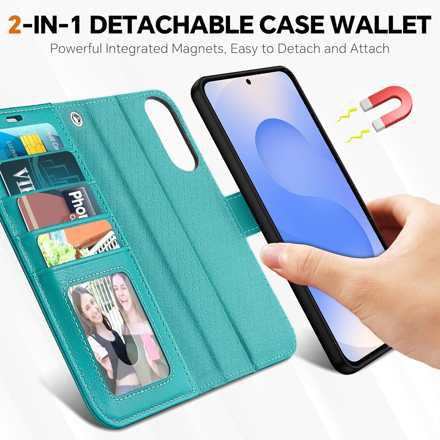 TUCCH Case for Galaxy S25 Edge, Detachable Wallet with RFID Blocking 4 Card Holder, Wireless Charging Wrist Strap Removable Stand PU Leather Flip Shockproof Phone Cover for Galaxy S25 Edge 6.7", Cyan