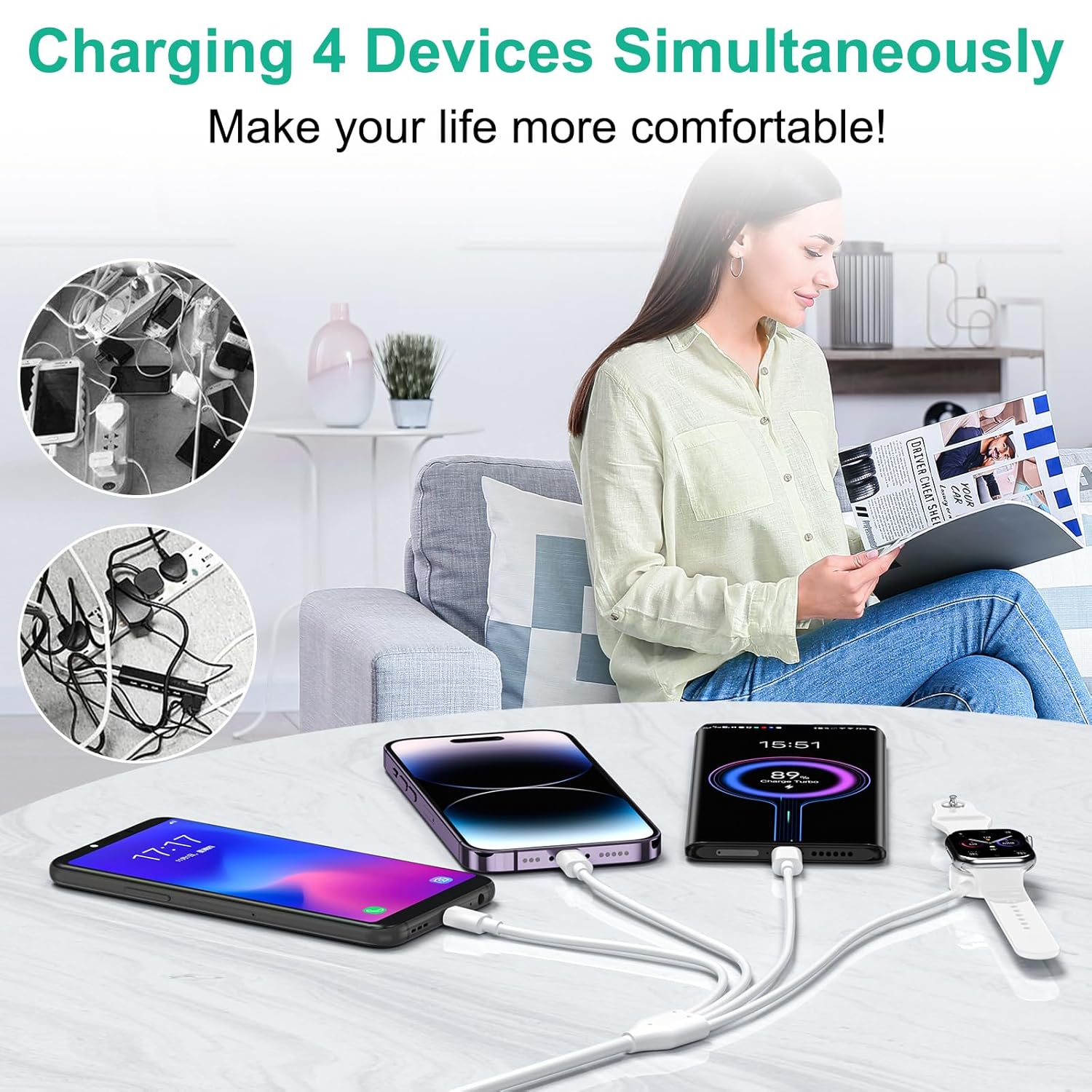 Multi Charging Cable 4 in 2 for Apple Watch Charger i-Phone, Travel 4 in 2 Watch & Phone Charger with iOSPorts/Type C/Micro USB Port Compatible with iWatch/iPhone 16 15/Galaxy Android-6FT