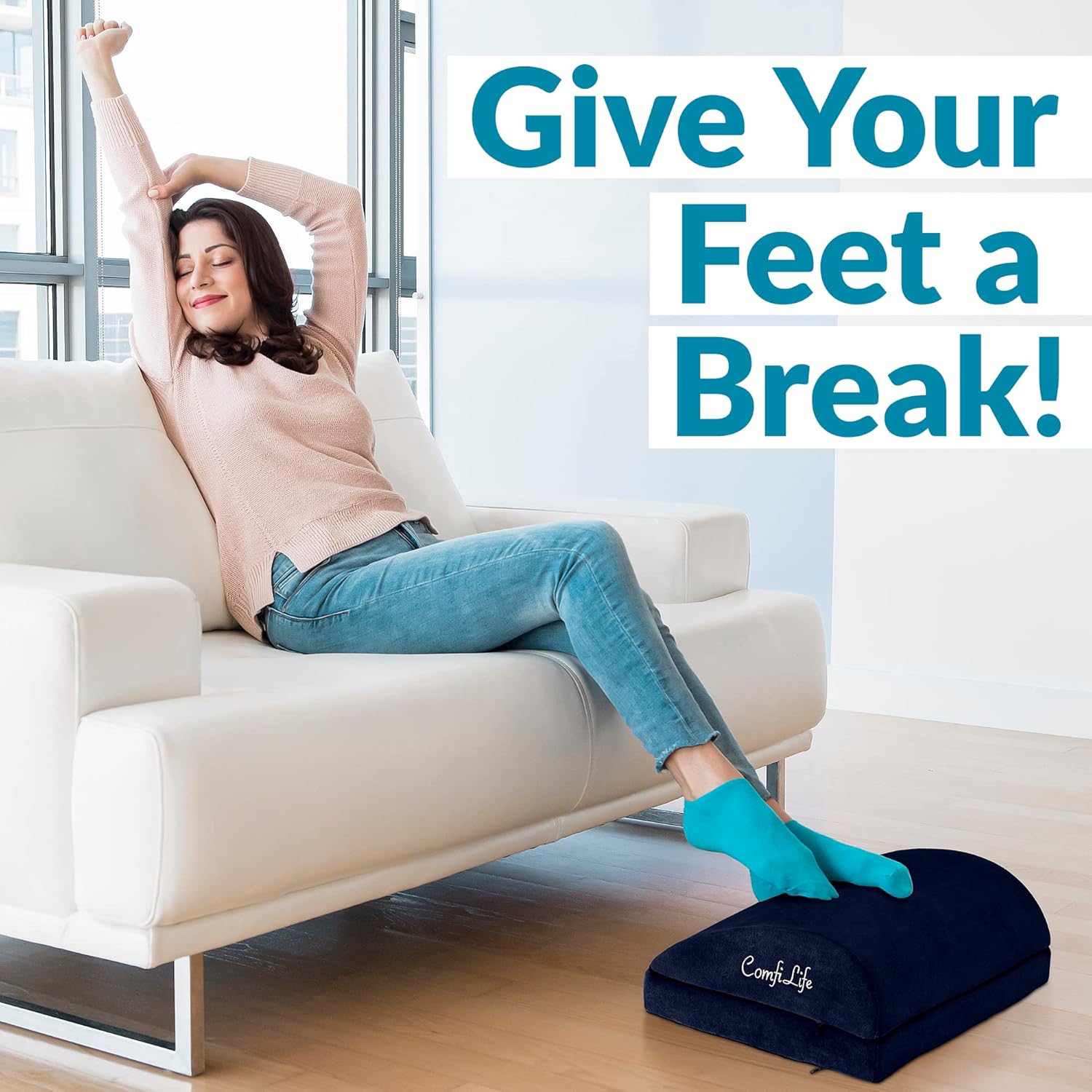 ComfiLife Foot Rest for Under Desk at Work – Adjustable Desk FootRest for Office Chair, Gaming Accessories – Ergonomic Teardrop Design for Back, Hip & Leg Pain Relief – 100% Memory Foam (Navy)