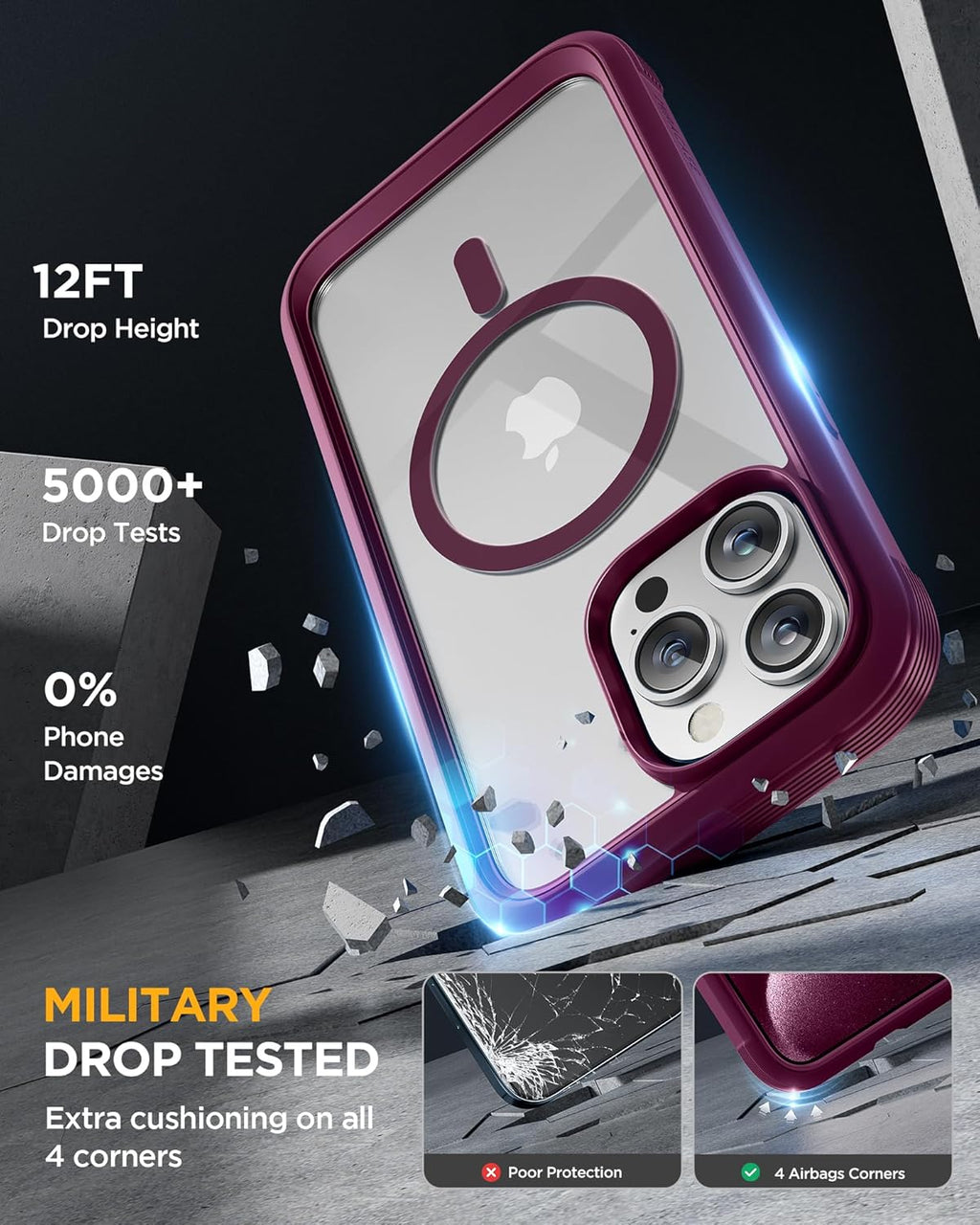 Miracase Magnetic for iPhone 12 Pro Max Case [Compatible with MagSafe] Full-Body Phone case with Built-in Glass Screen Protector& Camera Protector, Military Drop Proof 12 Pro Max Cover, Wine Red