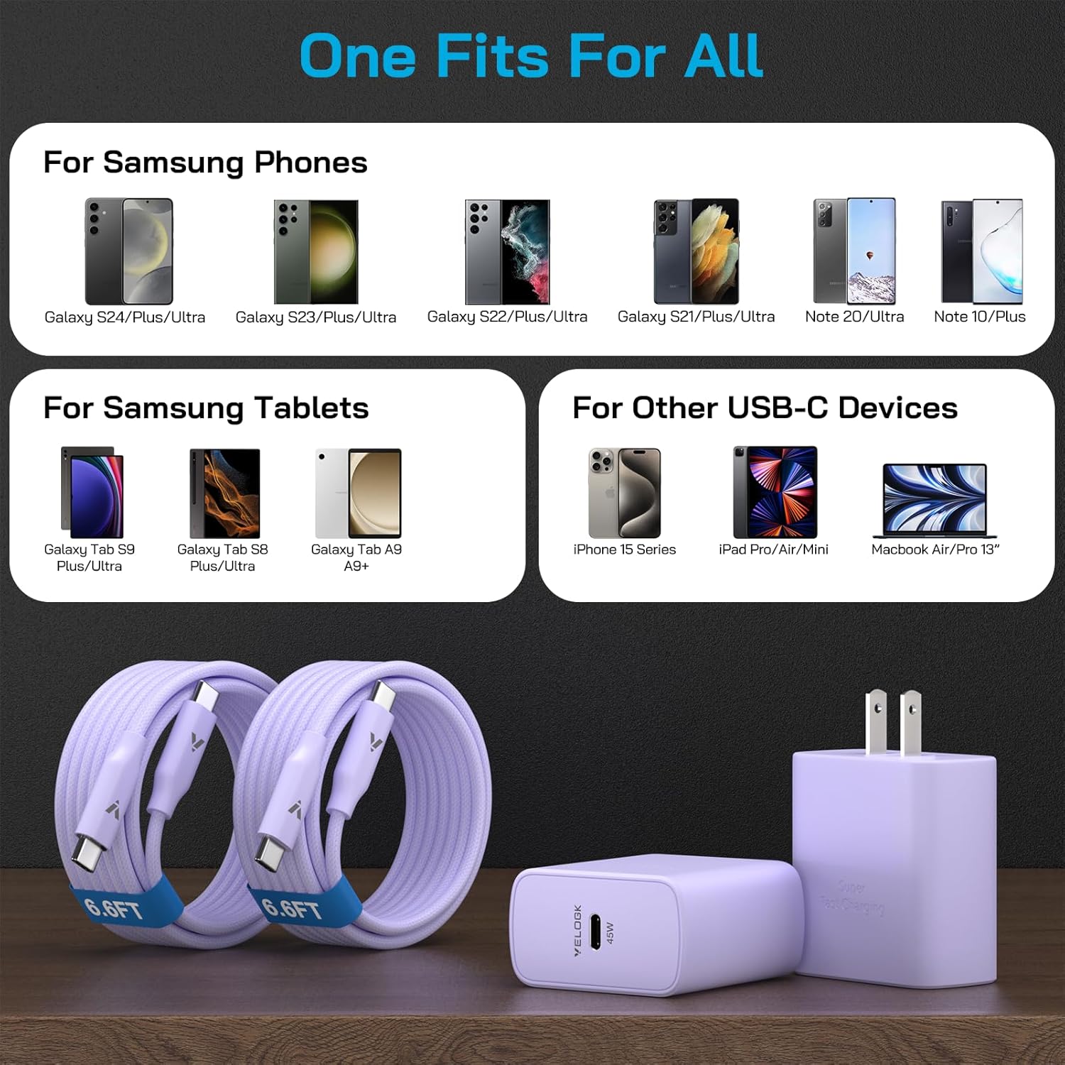 45W Super Fast Charger USB C,45 Watt Type-C Android Phone Charger Fast Charging Block with 6.6FT Type C Cords for Samsung Galaxy S25 Ultra/S24 Ultra/S24+/S23 Ultra/S22 Plus/S20,Tab S9/S8 Ultra(Purple)