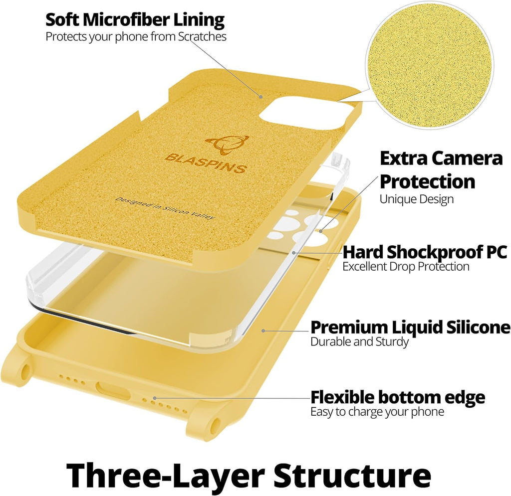 Blaspins Crossbody Strap Phone Case for iPhone 13 Pro Max, Adjustable Rope, Belt Neck Lanyard, String Detach Lanyard, Drop Proof Sturdy, Wrist Hand Free Protective Cover 6.7 inch 13 Pro Max - Yellow