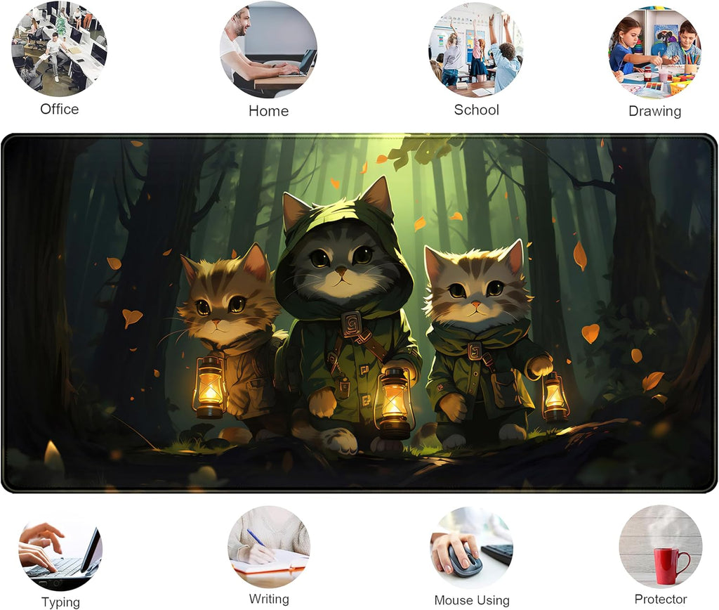 Forest Cats Desk Mat Anime Cat Desk Pad Cute, Kawaii Green Mouse Pad XXL, Large Extended Gaming Mousepad Keyboard Mouse Mat with Stitched Edges, Home Office Decor Pad for Women Girl 31.5x15.75 in