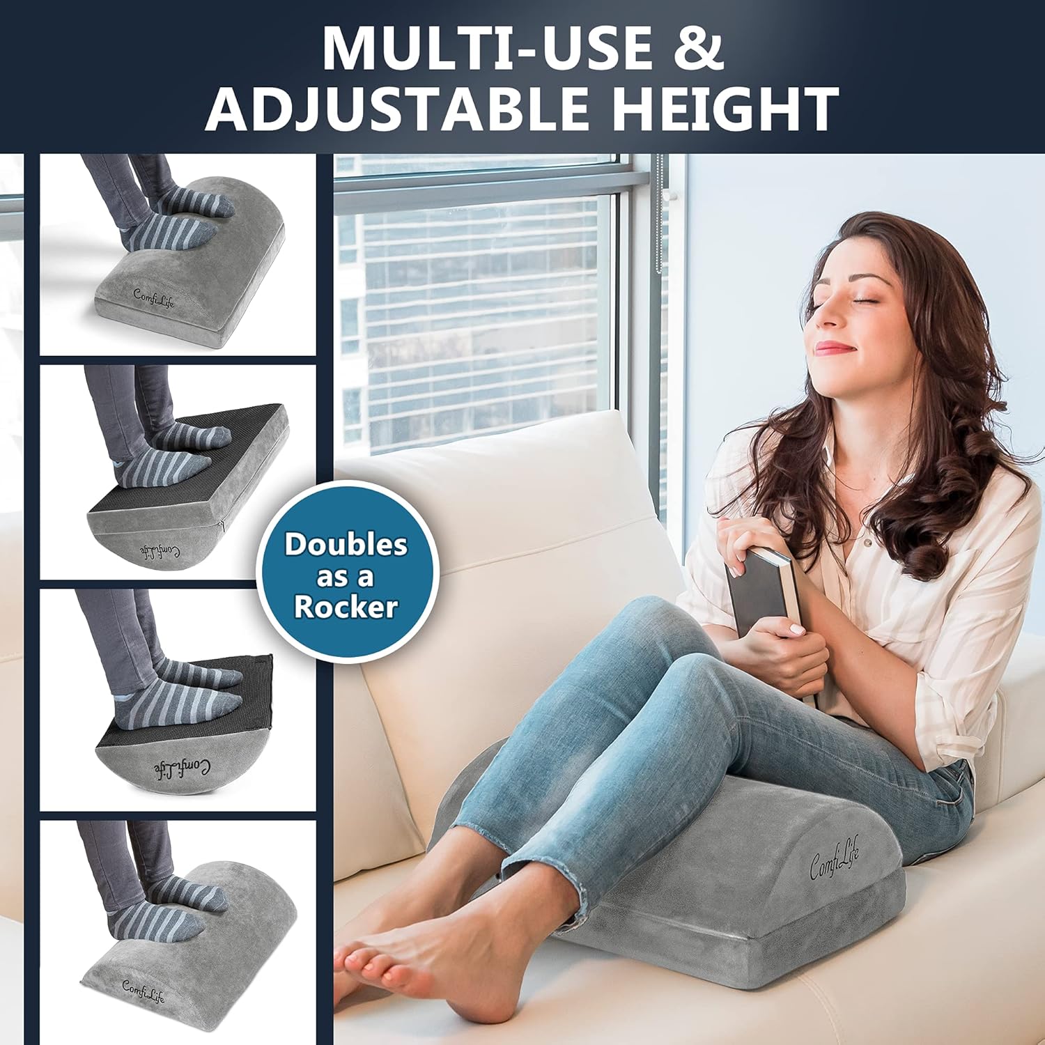 ComfiLife Foot Rest for Under Desk at Work – Adjustable Height Memory Foam Foot Stool for Under Desk, Office Chair & Gaming Chair – Ergonomic Footrest for Back & Hip Pain Relief (Gray)