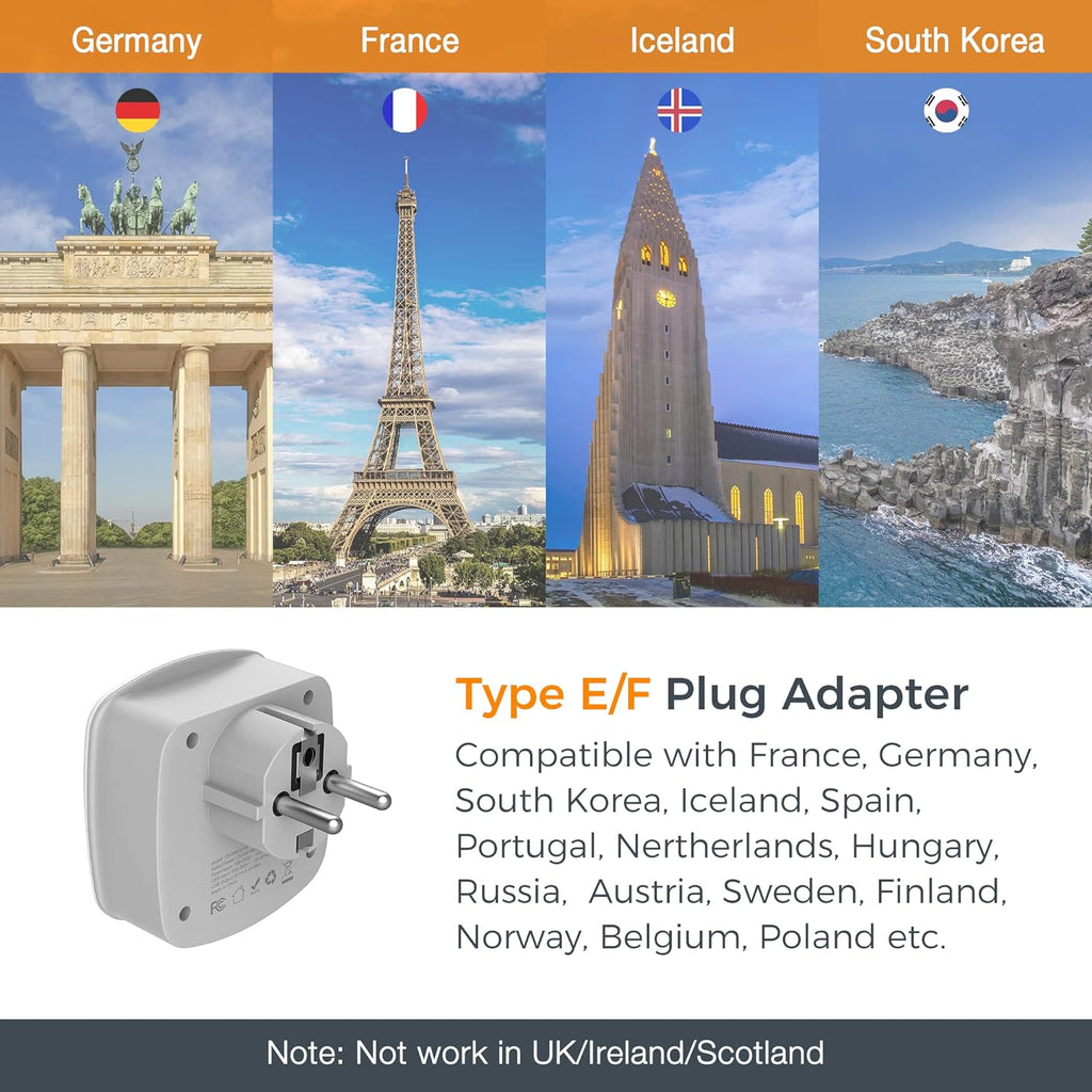 TESSAN Germany France Power Adapter, Type E F Plug Adaptor with 2 USB Ports 2 AC Outlets, US to European Europe German French Spain Greece Iceland Norway Russia Korea Poland