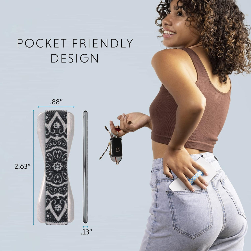 LOVEHANDLE Universal Phone Grip for Smartphones & Mini Tablets - Phone Holder for Hand - Wireless Charging Compatible - Made in The USA - Boho Silver