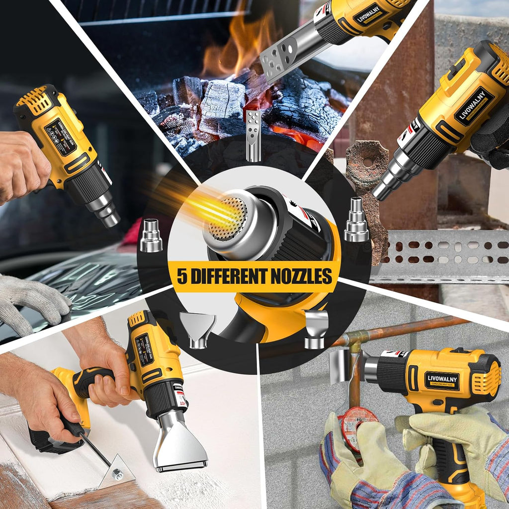 LIVOWALNY Cordless Heat Gun Compatible with Dewalt 20v Battery, 350W Fast Heating Soldering Hot Air Gun 122℉-1022℉ Variable Temperature Control with 5 Nozzles for DIY Craft, Shrink Tubing (No Battery)