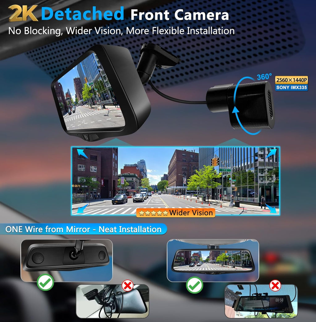 PORMIDO OEM 2K Rear View Mirror Camera,10" Mirror Dash Cam with Detached Front Backup Camera, Smart Full Touchscreen Rearview WDR Dashcam with Built-in GPS,64GB Card,Parking Monitor,Night Vision