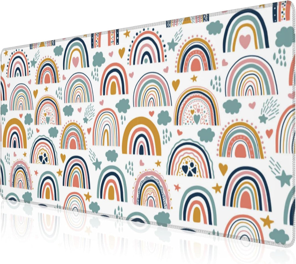 Mouse Pad, Large Boho Rainbow Desk Mat, Extended Non-Slip Gaming Keyboard Mousepad Desk Pad, Thick Stitched Edges Waterproof Mouse Mat 31.5"x15.7" (Scandi Rainbow and Stars Clouds)