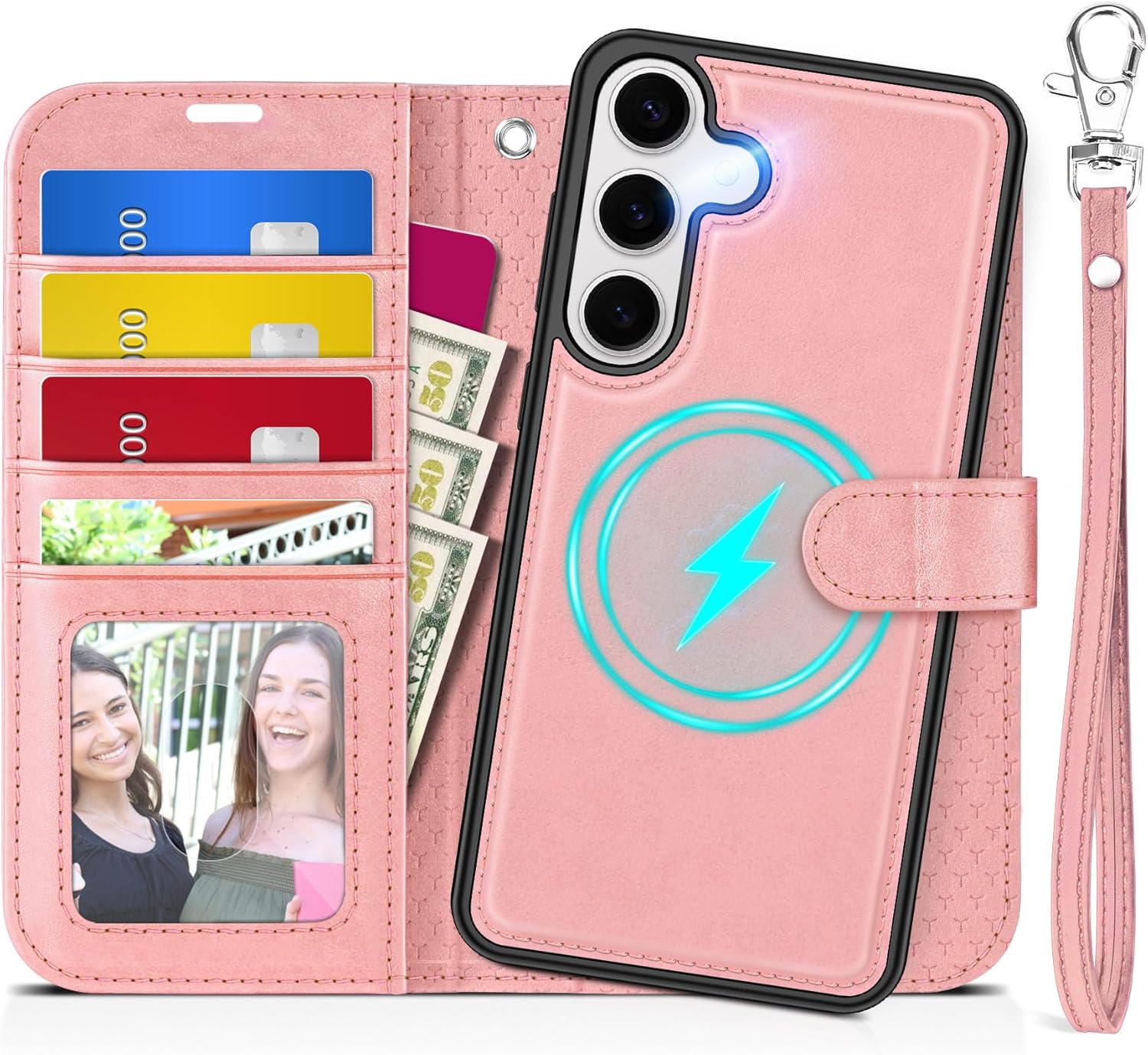 TUCCH Case for Galaxy S25, [Detachable] 2 in 1 Wrist Strap Magnetic PU Leather Wallet Case with RFID Blocking [Wireless Charging] 4 Card Slot Stand Removable Shockproof Cover for Galaxy S25, Rose Gold
