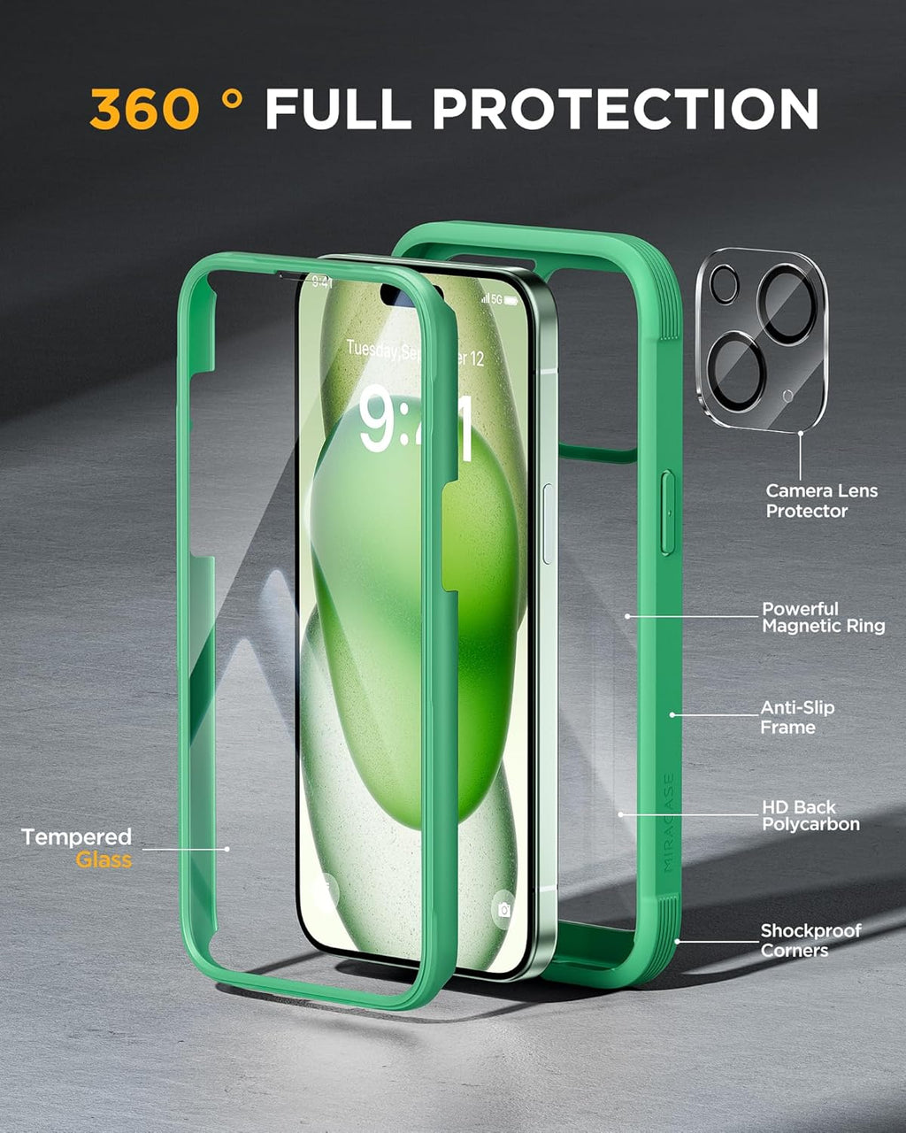 Miracase Glass Series Designed for iPhone 15 Plus Case 6.7',Full-Body Military Drop Proof 15 Plus Phone Case Cover with Built-in 9H Tempered Glass Screen Protector,Green