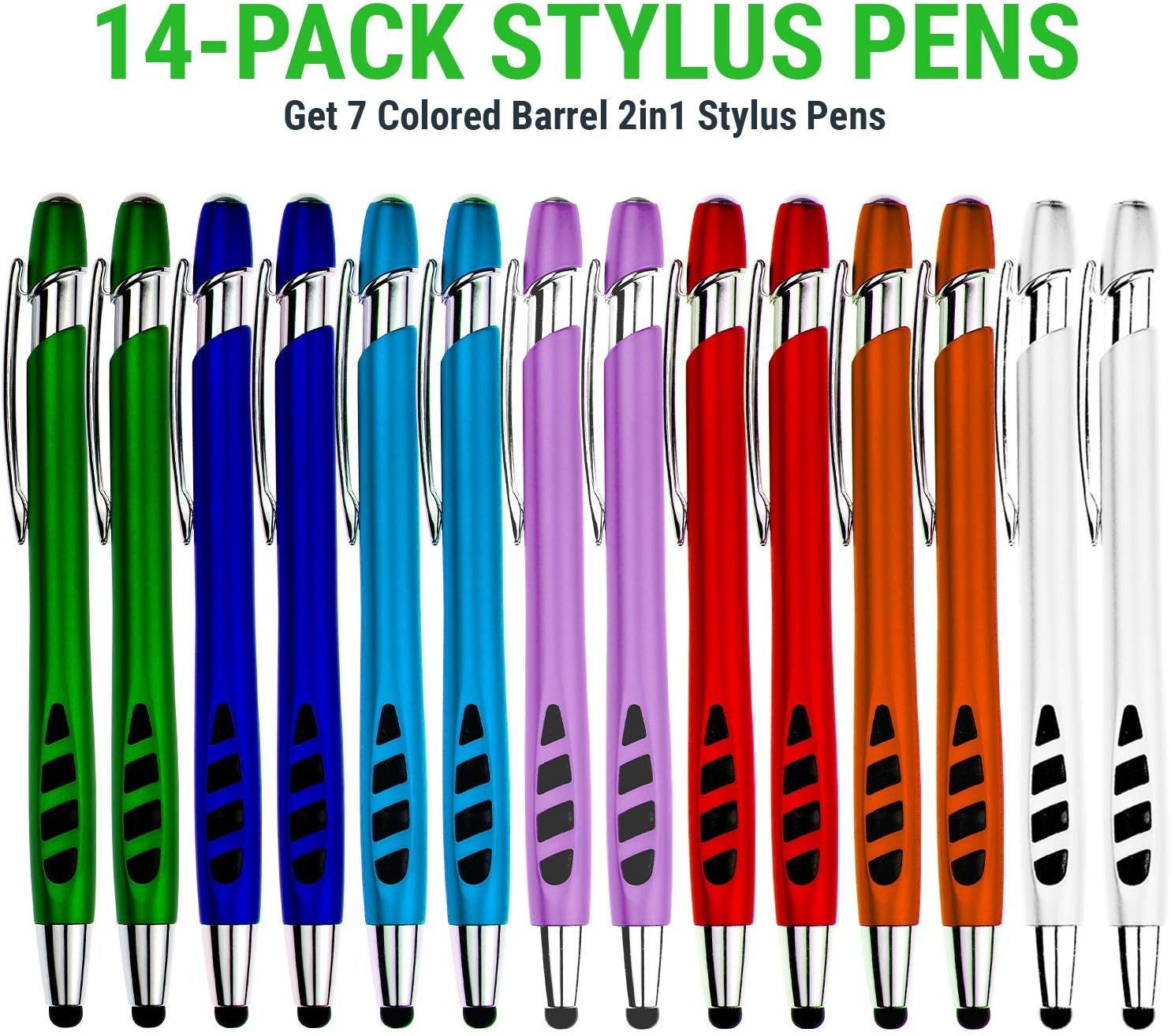 Stylus Pen for Touch Screens & Writing Pens, with Sensitive Stylus Tip - 2 in 1, for Your iPad, iPhone, Kindle, Nook, Samsung Galaxy, Tablets & Phones - Assorted Barrel Colors, Black Ink, 14 Pack