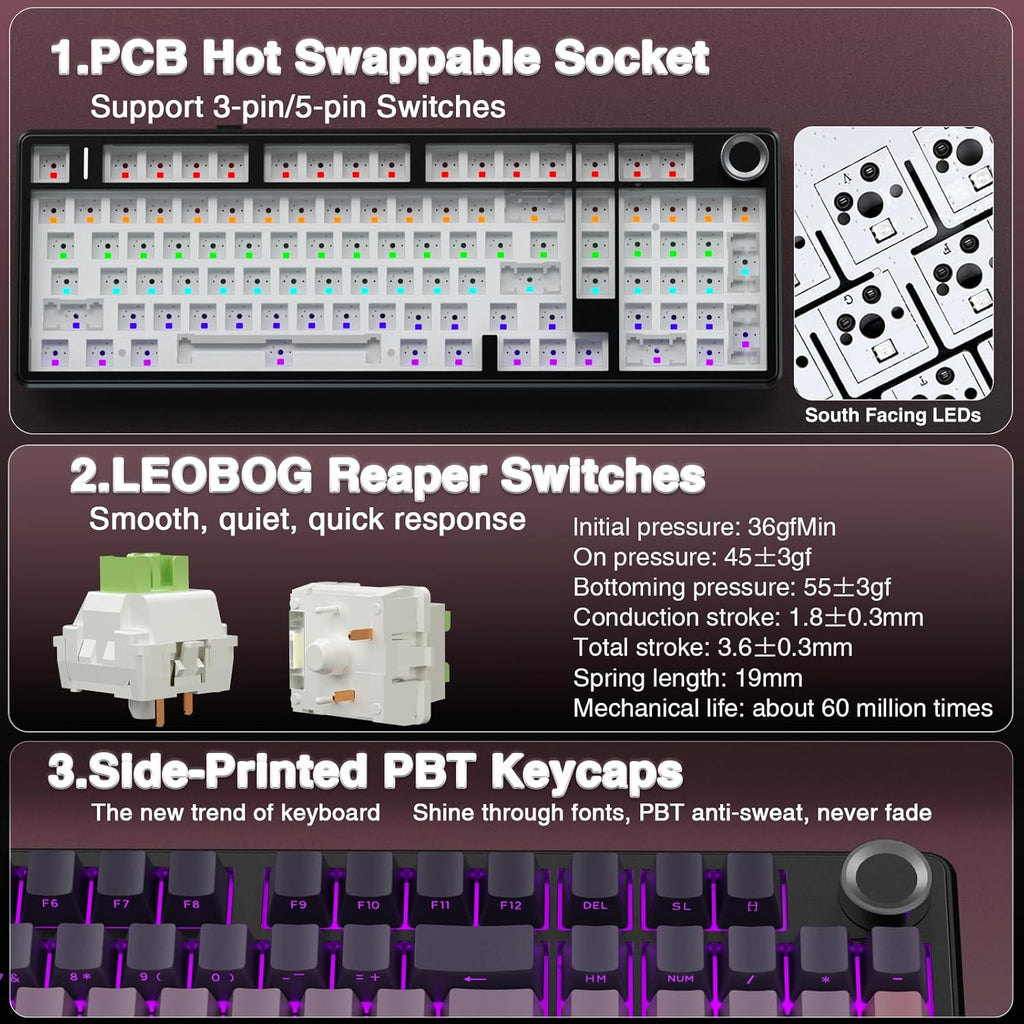 AULA F99 Pro Wireless Mechanical Keyboard with Knob,Tri-Mode BT5.0/USB-C/2.4GHz Hot Swappable Keyboard,Pre-lubed Switches,RGB Backlit Computer Gaming Keyboards