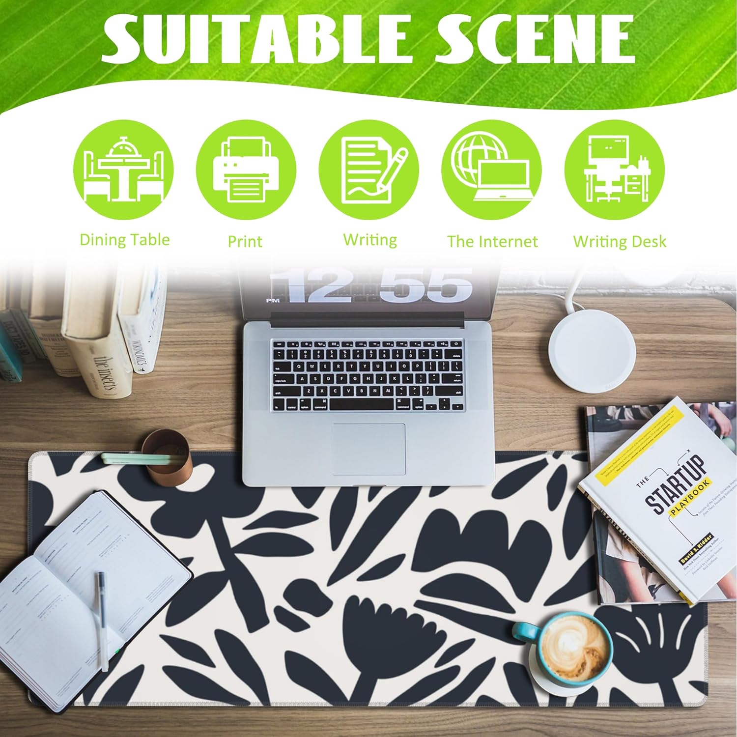 Desk Pad, Hand Drawn Leaves and Flowers Desk Mat, Abstract Plant Large Gaming Mouse Pad with Non-Slip Base and Stitched Edge, 31.5"x11.8"