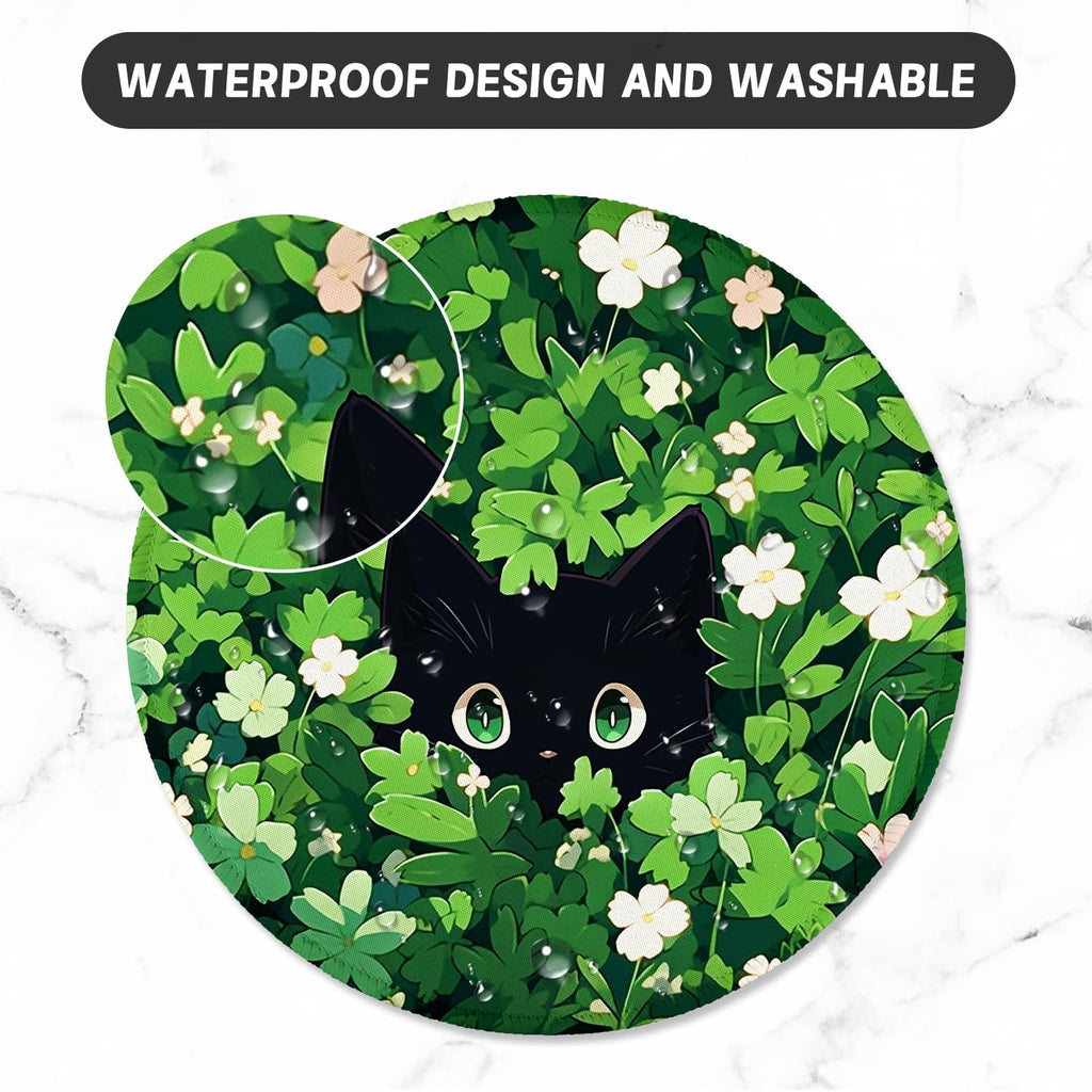 ITNRSIIET Round Mouse Pad with Stitched Edge Premium-Textured Waterproof Non-Slip Rubber Base Desktop Protection Mat Diameter 8.7 inches, Green Leave Cat