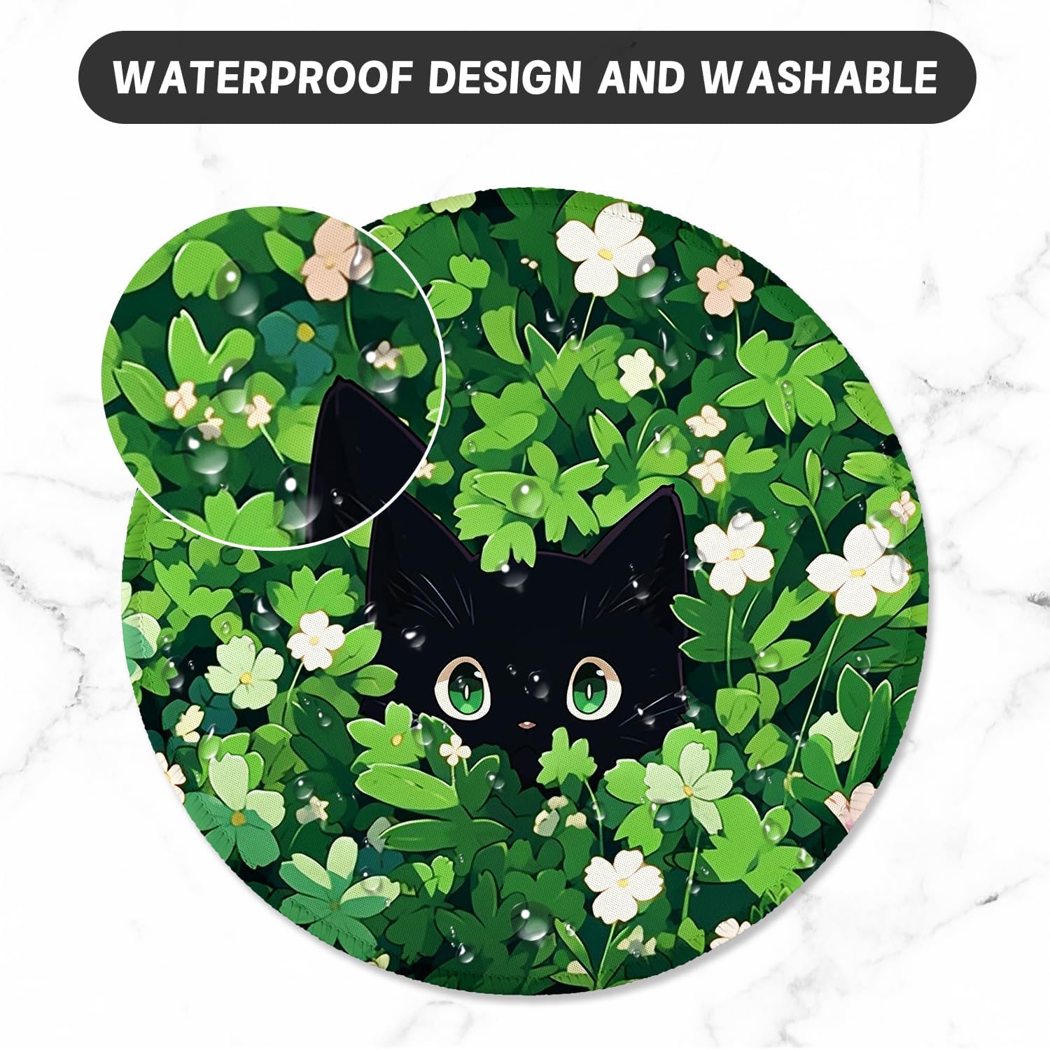 ITNRSIIET Round Mouse Pad with Stitched Edge Premium-Textured Waterproof Non-Slip Rubber Base Desktop Protection Mat Diameter 8.7 inches, Green Leave Cat