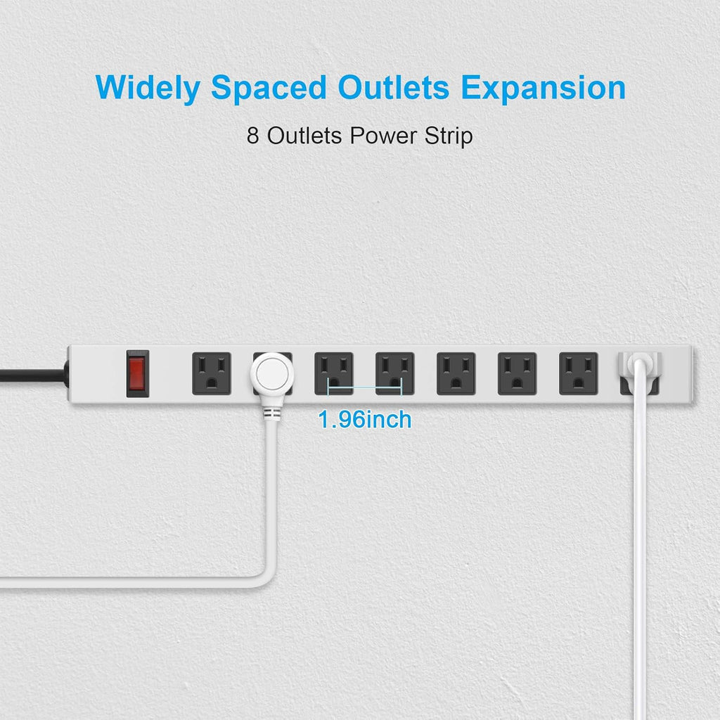JUNNUJ Metal 8 Outlet Power Strip, Mountable Heavy Duty Power Strip, 1200J Surge Protector Wall Mount Screws Outlet with Switch, Gaming Desk Strips Wide Spaced 15A 125V 1875W, 10 FT 14AWG Power Cord