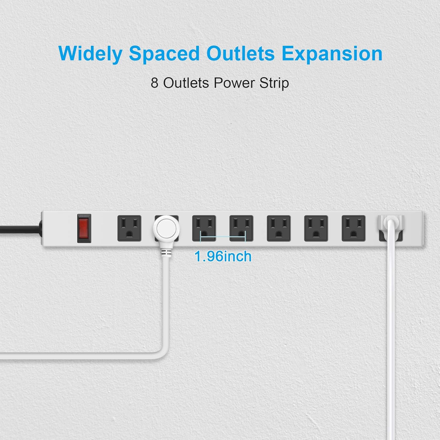 JUNNUJ Metal 8 Outlet Power Strip, Mountable Heavy Duty Power Strip, 1200J Surge Protector Wall Mount Screws Outlet with Switch, Gaming Desk Strips Wide Spaced 15A 125V 1875W, 10 FT 14AWG Power Cord