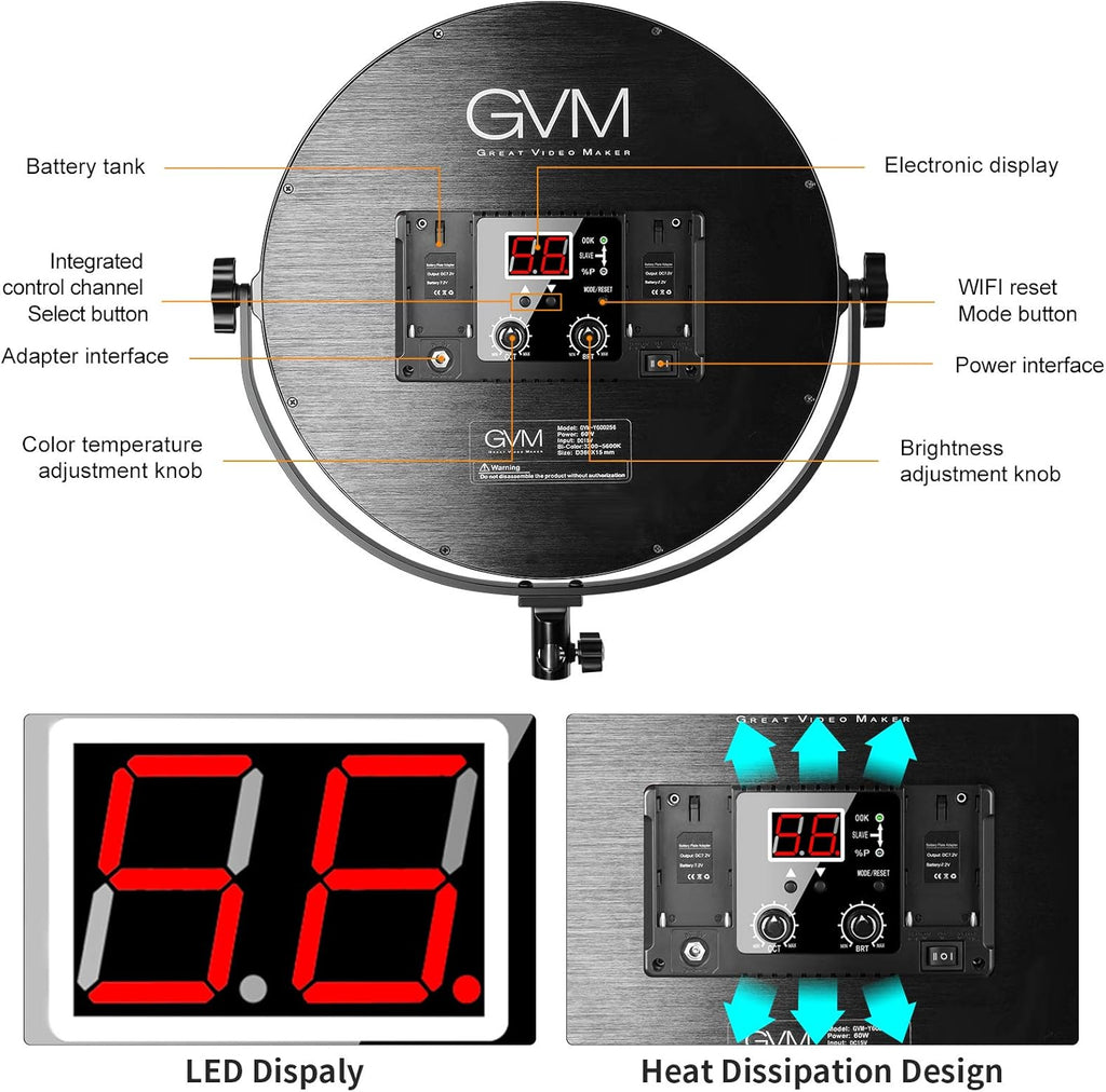GVM Key Light, 14" LED Video Light with APP Control, Bi-Color Round Lighting, Ultra Thin 60W 3200-5600K Dimmable LED Soft Light with Table Stand for Gaming Studio YouTube Wedding Live Streaming