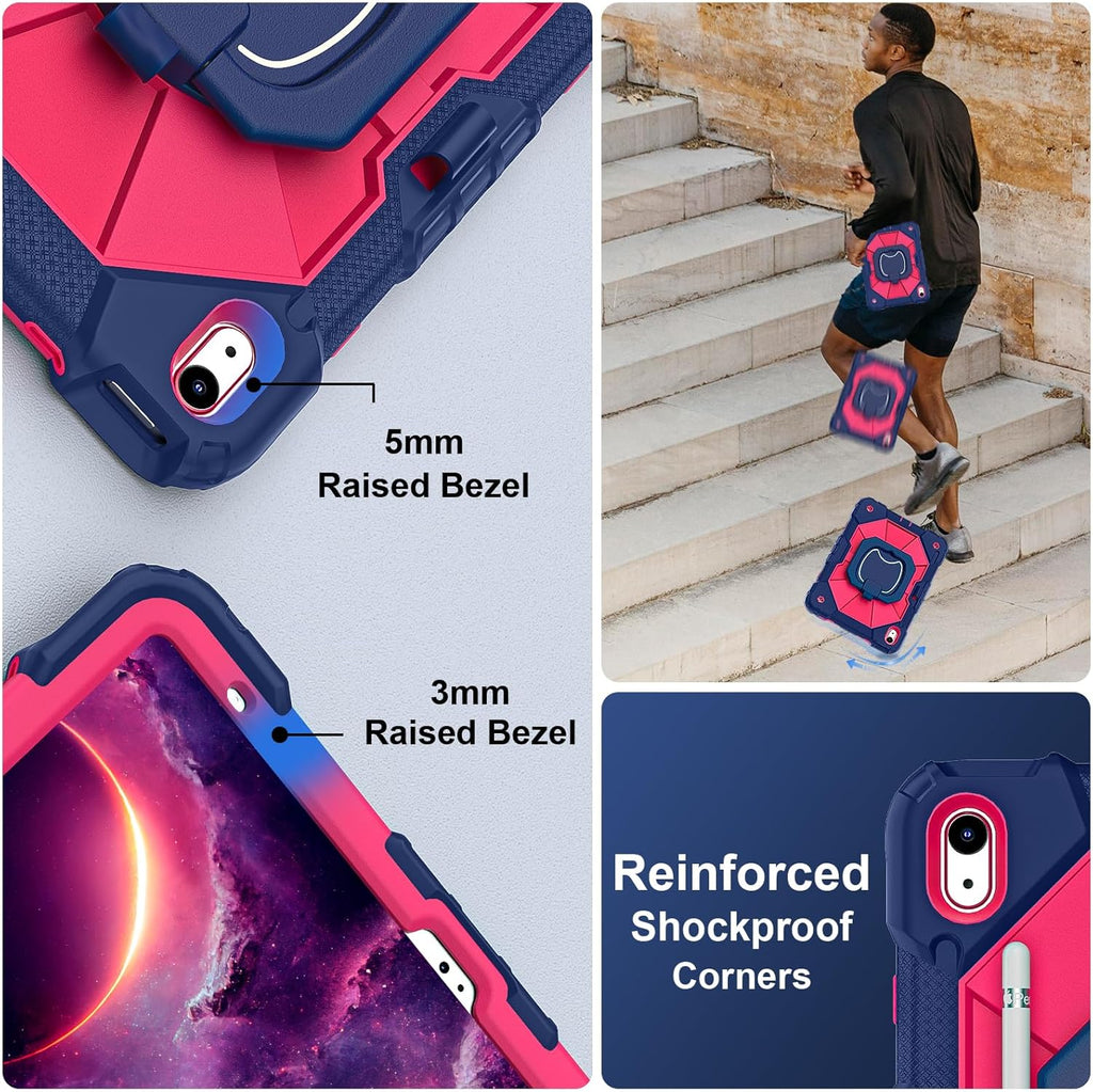 Case for iPad (A16) 11th Generation 11 Inch (2025) / iPad 10th Generation Case 10.9 Inch (2022) with 360° Rotating Stand Screen Protector Pen Holder Shoulder Strap, Navy Pink